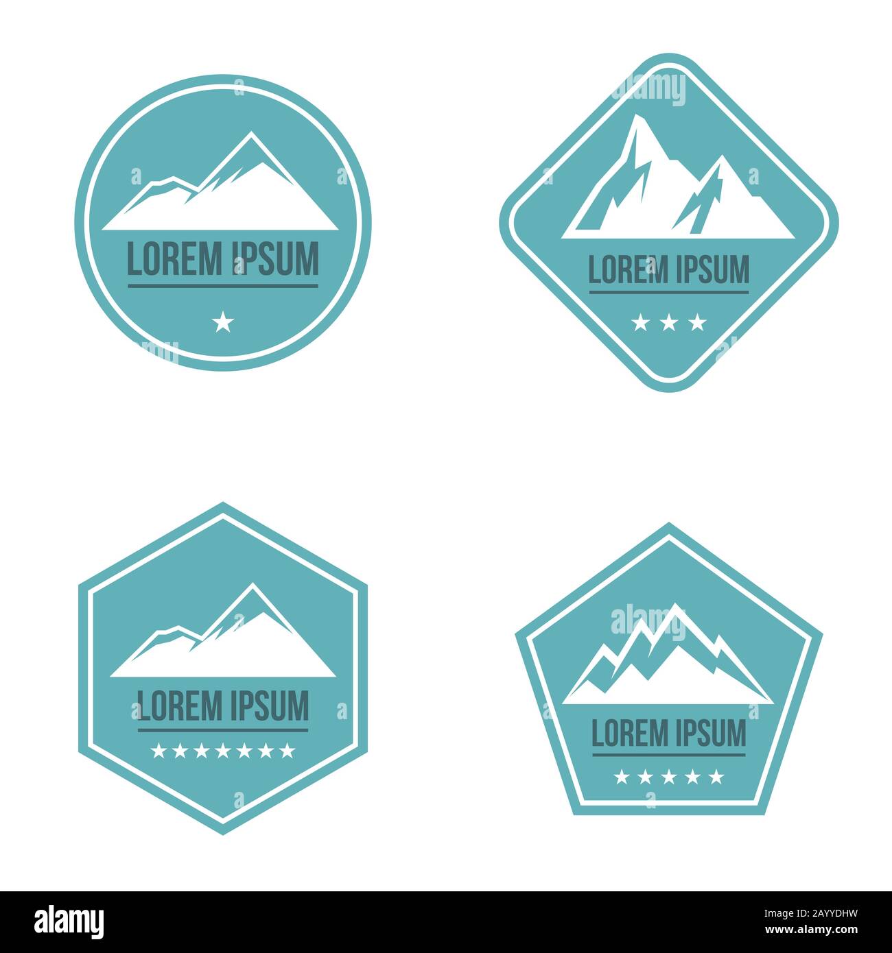 Logo bianco di montagna su sfondo blu. Set di logo per viaggi all'aperto. Illustrazione del vettore Illustrazione Vettoriale