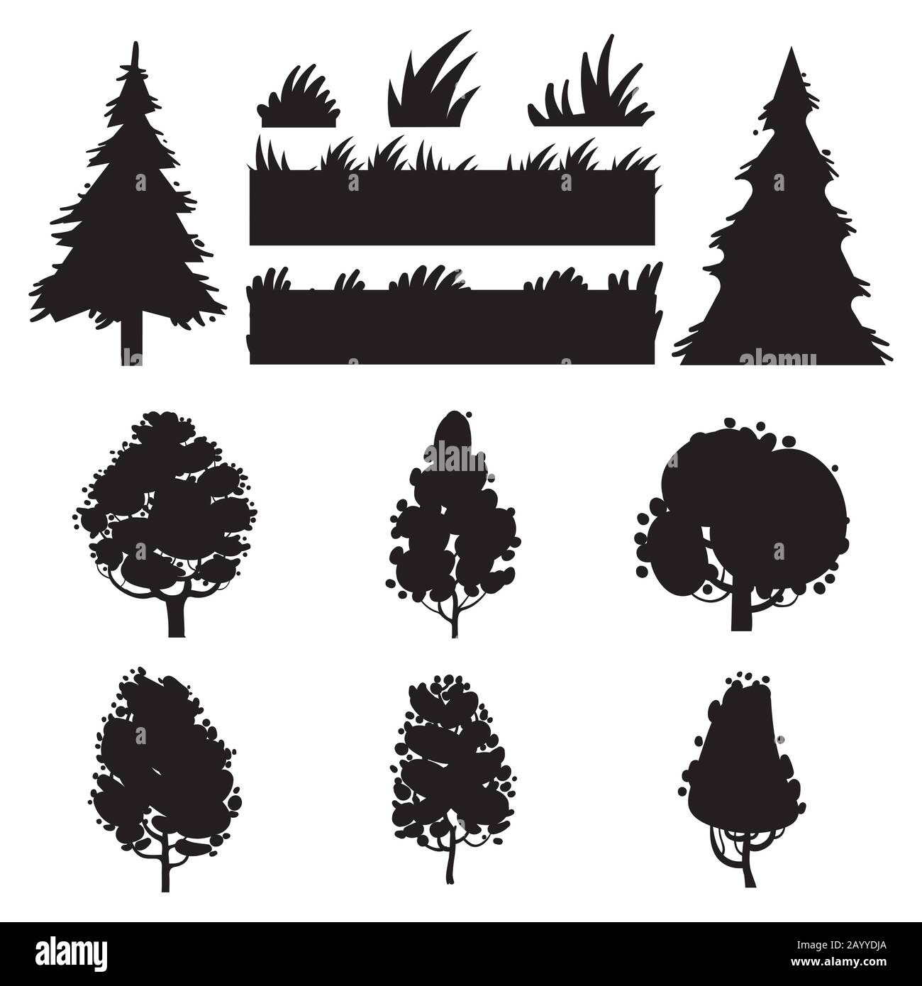 Alberi neri e sagome vettoriali in erba su sfondo bianco Illustrazione Vettoriale Alberi neri e sagome vettoriali in erba su sfondo bianco Illustrazione Vettoriale