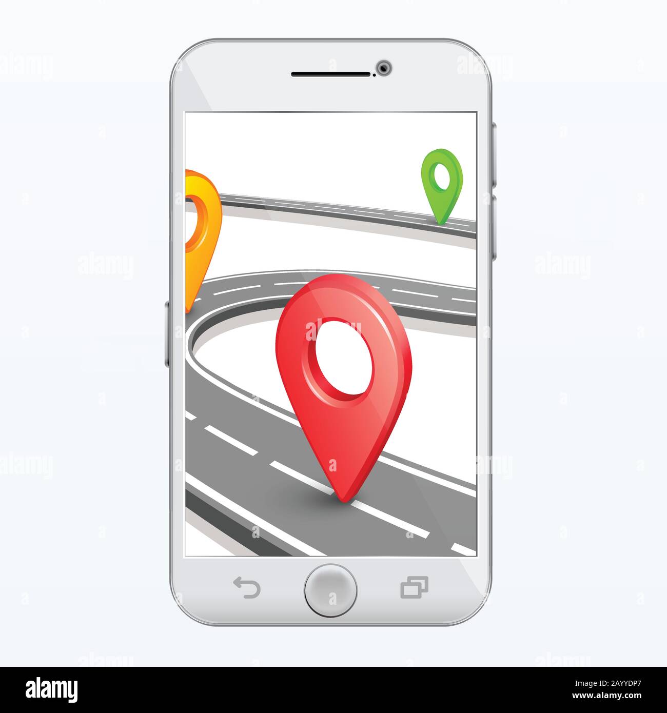 Vettore app per smartphone GPS. Strada e pin sullo schermo dello smartphone Illustrazione Vettoriale