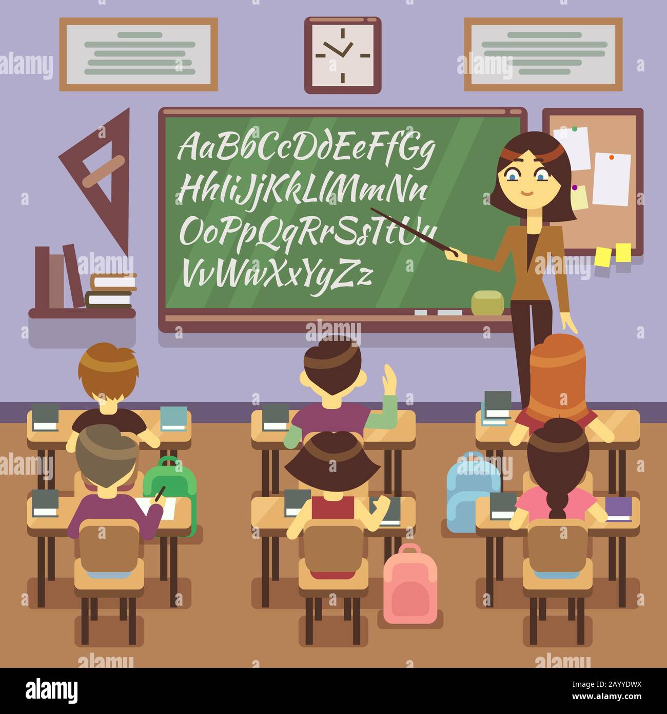 Lezione di scuola in classe con scolari, alunni e insegnanti. Classe con studente, insegnante di studio in classe scolastica. Illustrazione piatta del vettore Illustrazione Vettoriale