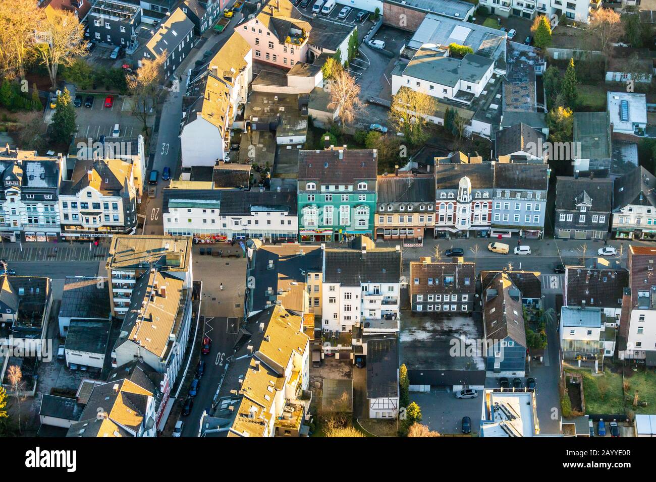 Foto aerea, zona pedonale Mittelstraße, angolo Hochstraße Neustraße, strada commerciale, Gevelsberg, zona della Ruhr, Renania settentrionale-Vestfalia, Germania, DE, Foto Stock