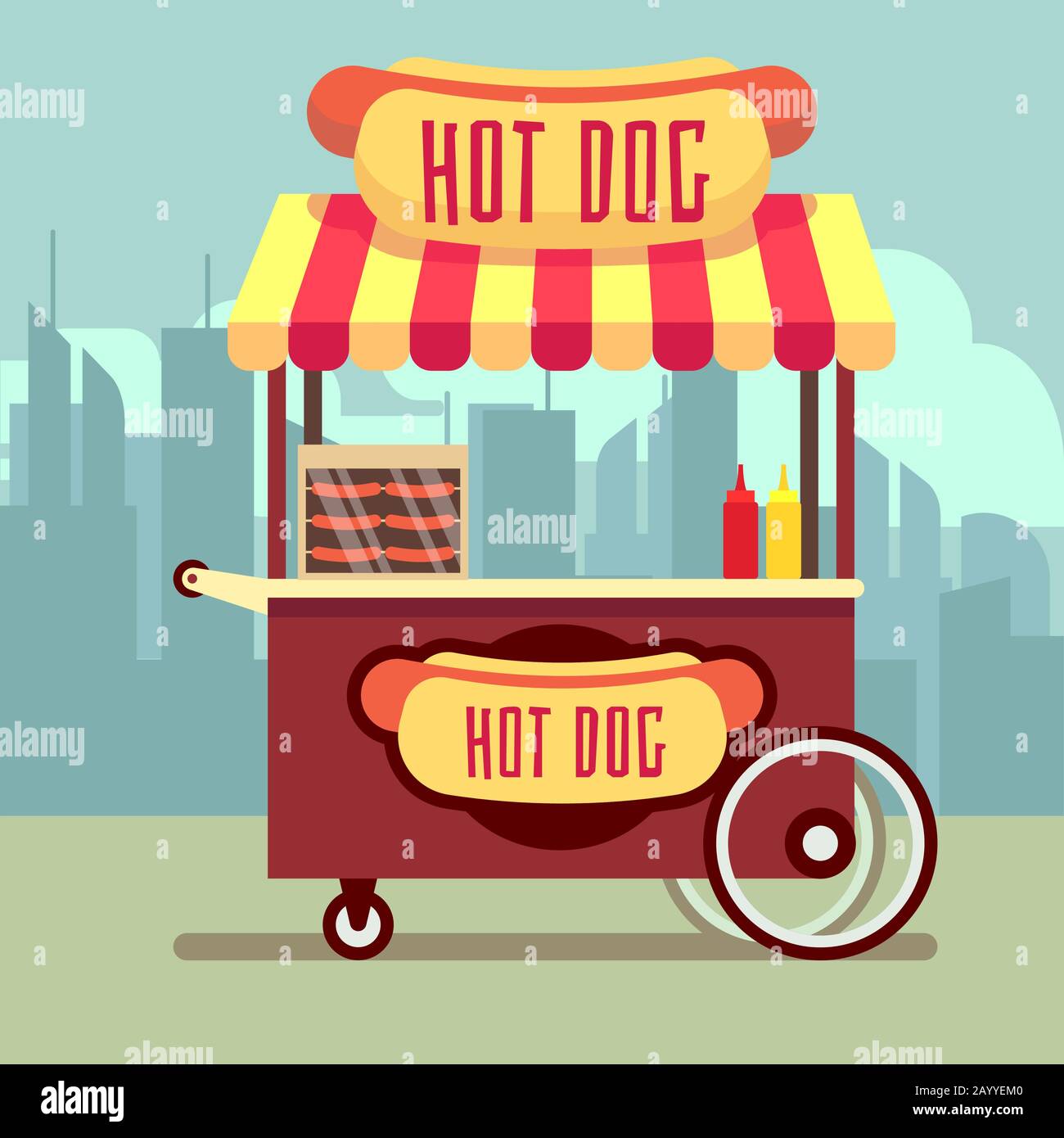 Street food distributore di carrelli con hot dog vettore illustrazione. Chiosco urbano in vendita hotdog Illustrazione Vettoriale