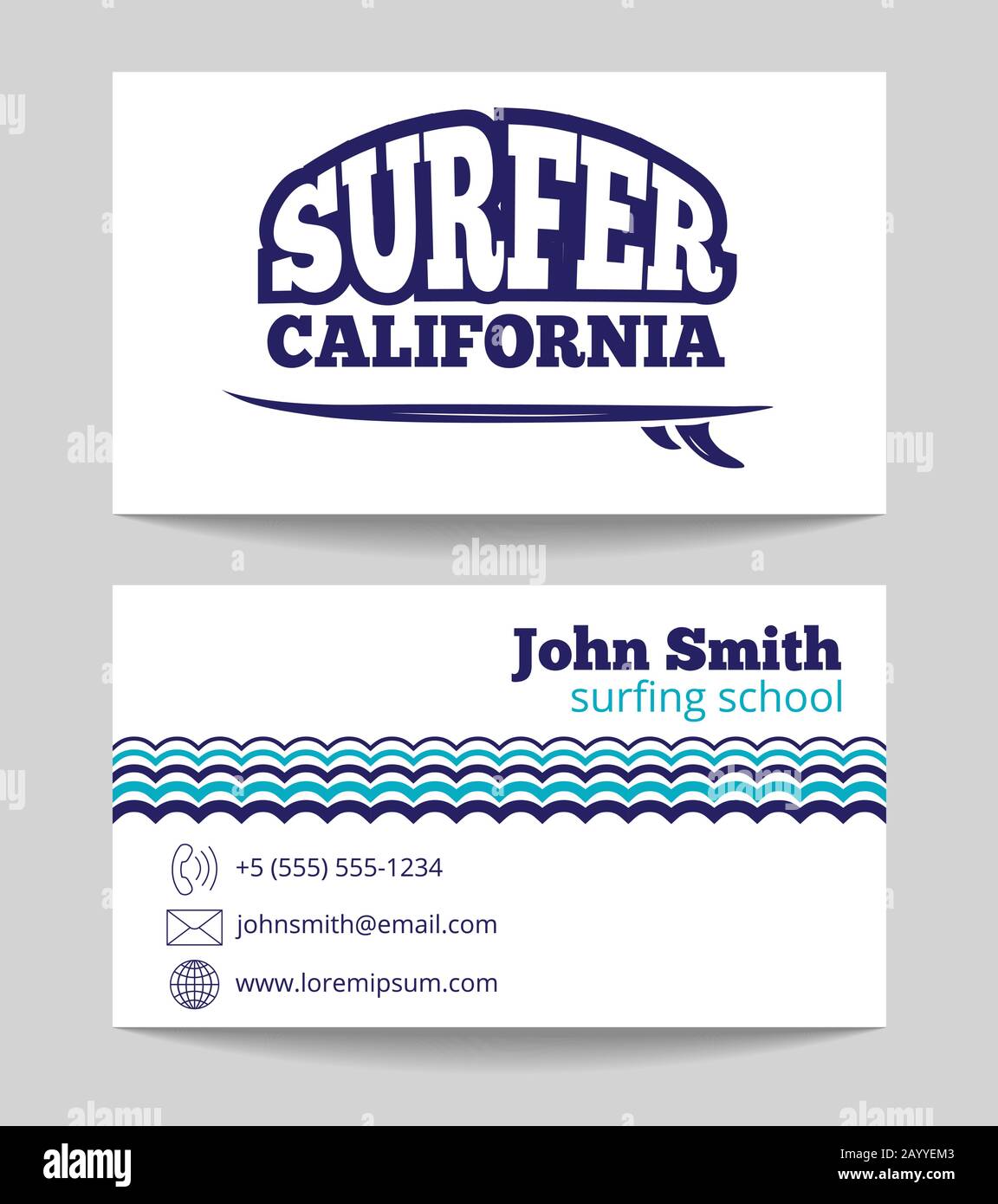 Biglietto da visita per l'istruttore di surf, modello su entrambi i lati. Illustrazione del vettore della scuola di surf Illustrazione Vettoriale