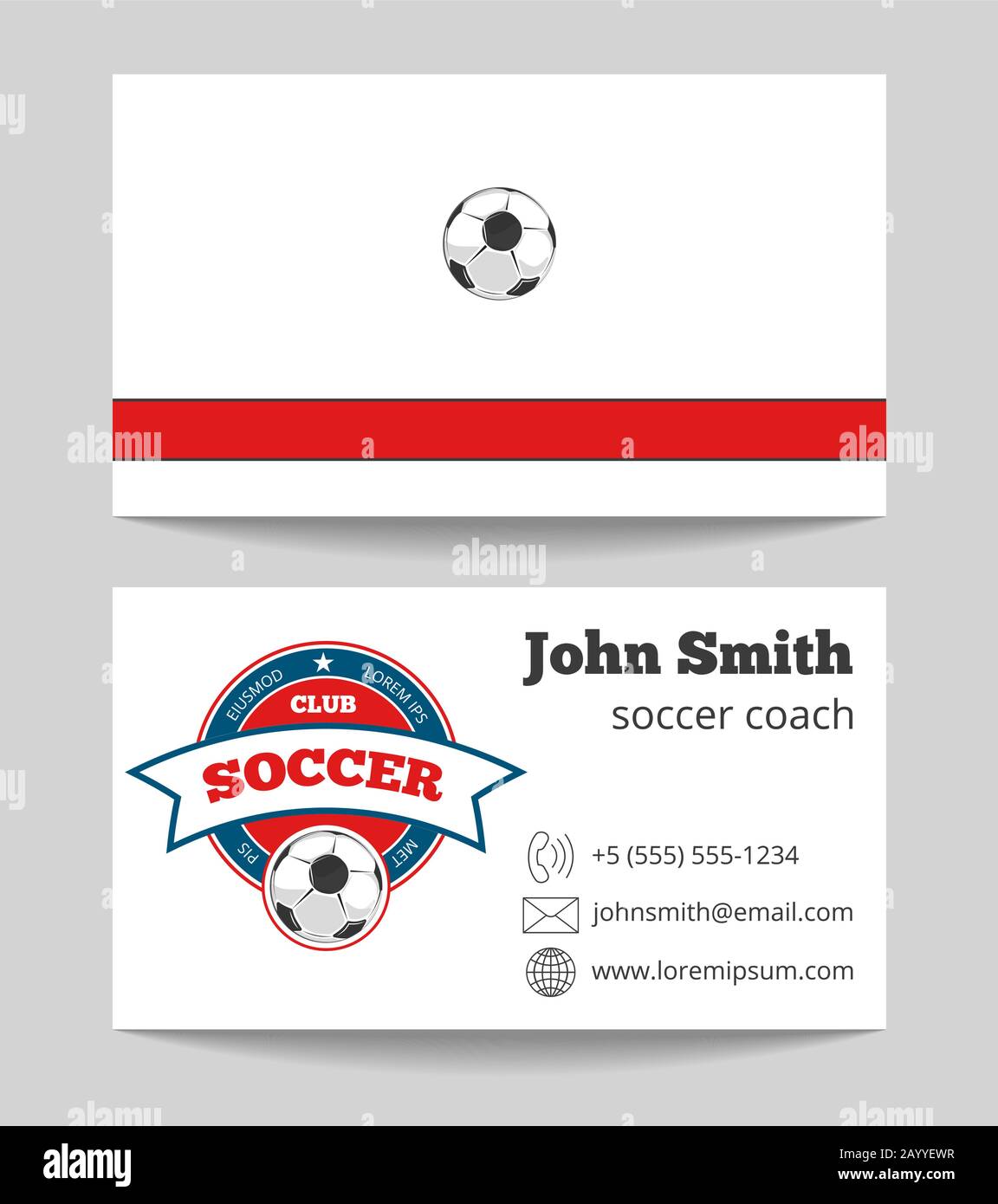 Modello di biglietto da visita per allenatore di calcio con logo. Scheda allenatore di calcio, illustrazione vettoriale Illustrazione Vettoriale