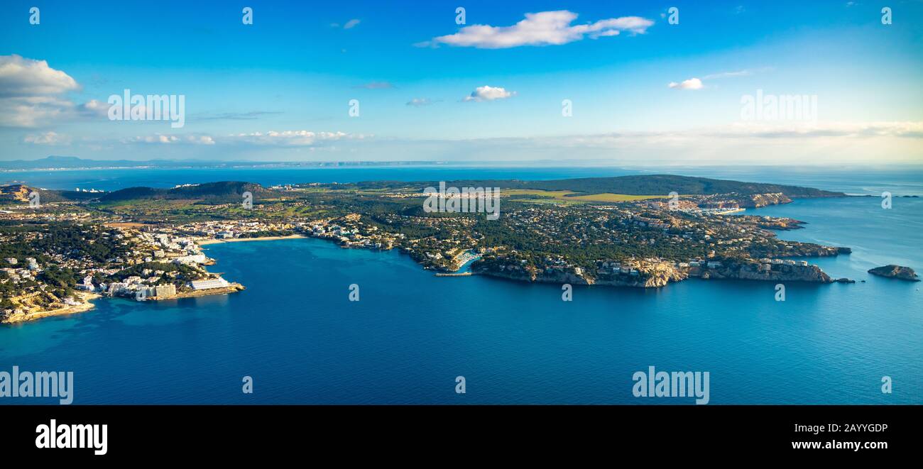 Vista aerea, Playa Santa Ponsa, vista locale Santa Ponsa, Calvià, Mallorca, Spagna, Europa, Isole Baleari, ES, Espana, vista distante, hotel, hotel faci Foto Stock