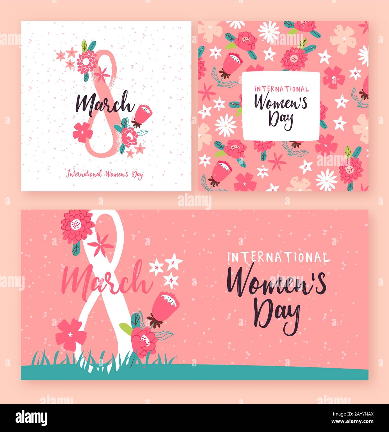 International Women's day greeting card banner collection of feminfeminal pink flowers with march 8th Holiday date. Diritti donne celebrazione floreale desig Illustrazione Vettoriale