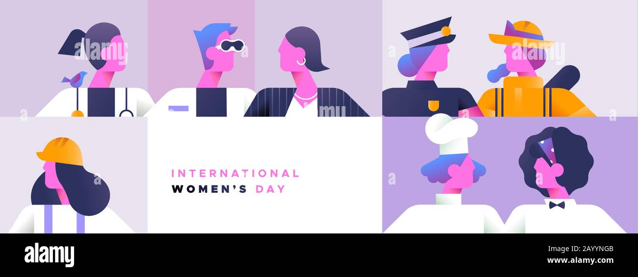 International Women's day web banner illustrazione di donne moderne da diversi lavori di carriera in stile gradiente minimalista. Include pompiere, polizia Illustrazione Vettoriale