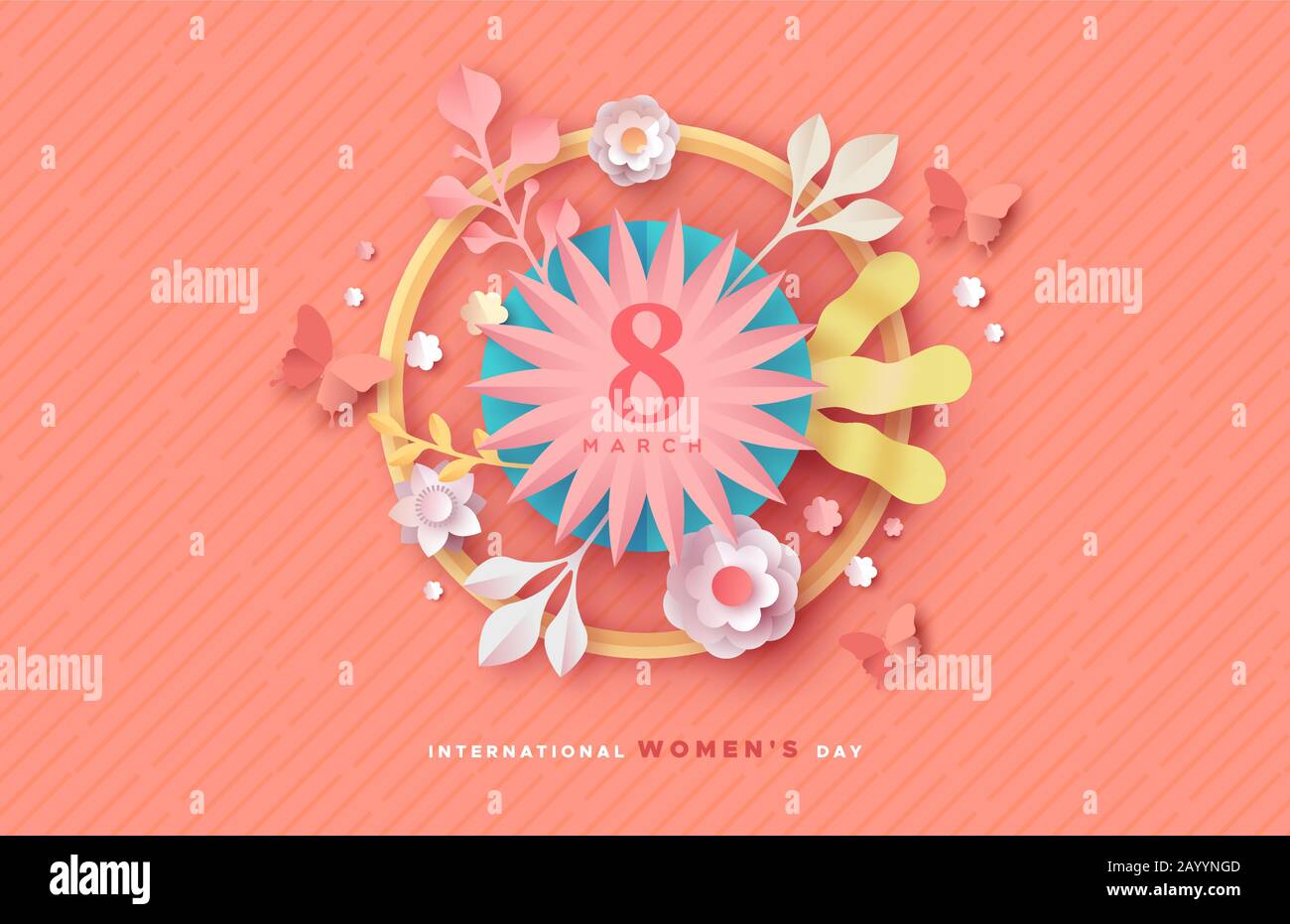 Happy Women Day 8th marzo illustrazione di festa. 3D bouquet di fiori di primavera papercut e farfalla su sfondo rosa. Cute carta mestiere disegno per l'interno Illustrazione Vettoriale