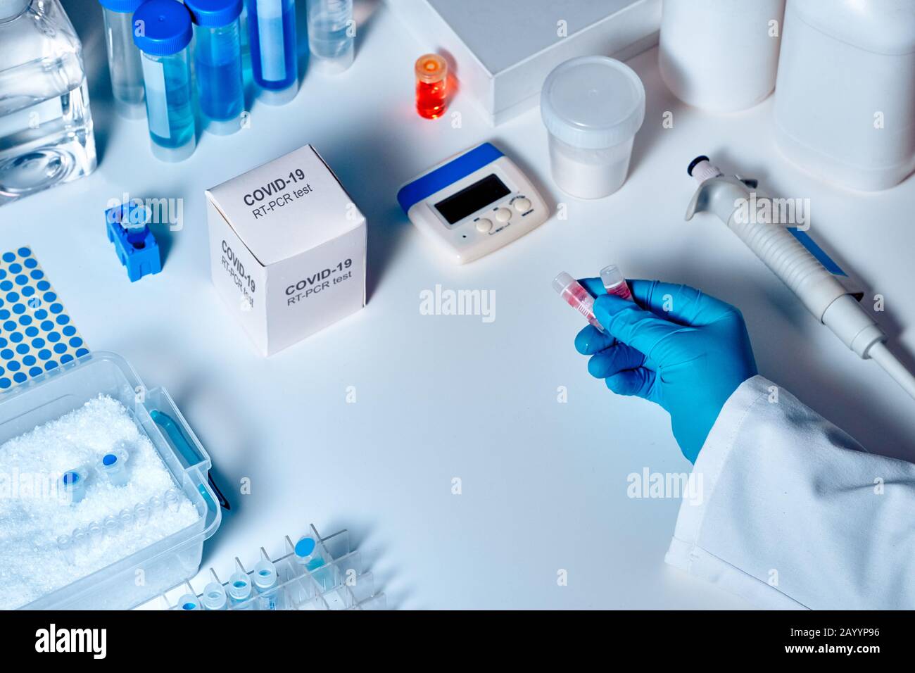 Nuovo kit di diagnostica per pcr nCoV per coronavirus 2019. Kit RT-PCR per rilevare la presenza di virus 2019-nCoV o covid19 nei campioni clinici. Diam. In vitro Foto Stock