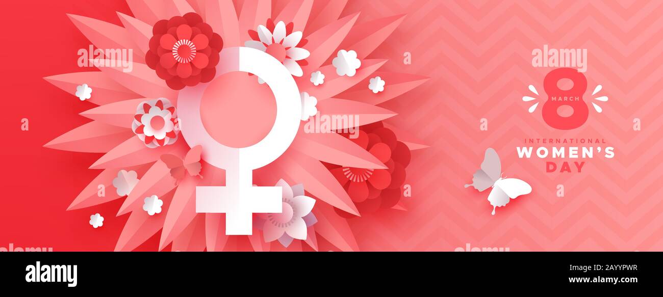 Happy Women Day 8th Marzo banner illustrazione. Cute rosa 3D fiori papercut, farfalla e simbolo femminile in stile origami artigianale per il wom internazionale Illustrazione Vettoriale