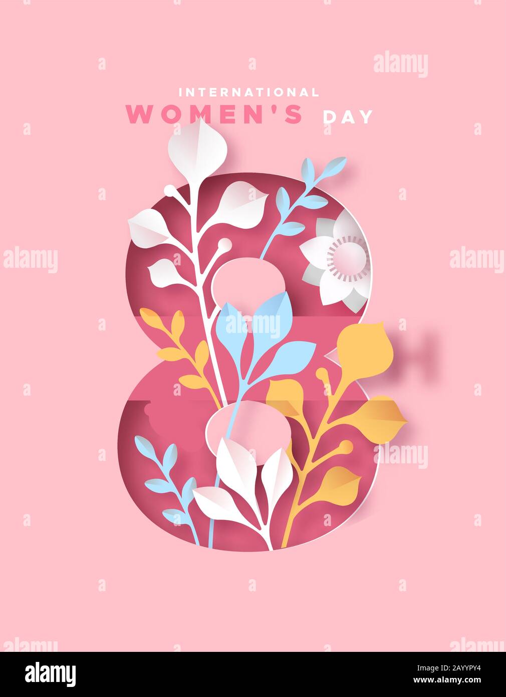 Happy Women Day 8th Card di auguri per le vacanze di marzo. 3D papercut simbolo femminile con bella decorazione primaverile e fiori. Cute carta mestiere disegno per me Illustrazione Vettoriale