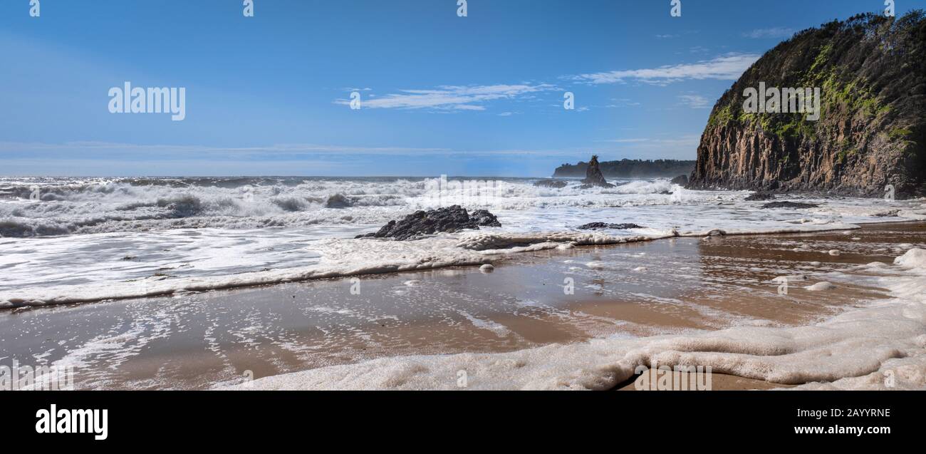 Panorama di schiuma di mare, schiuma di oceano, schiuma di spiaggia o di fiume su Jones Beach, Kiama, NSW Australia dopo i venti alti e mari ruvidi dopo la tempesta grave Wea Foto Stock
