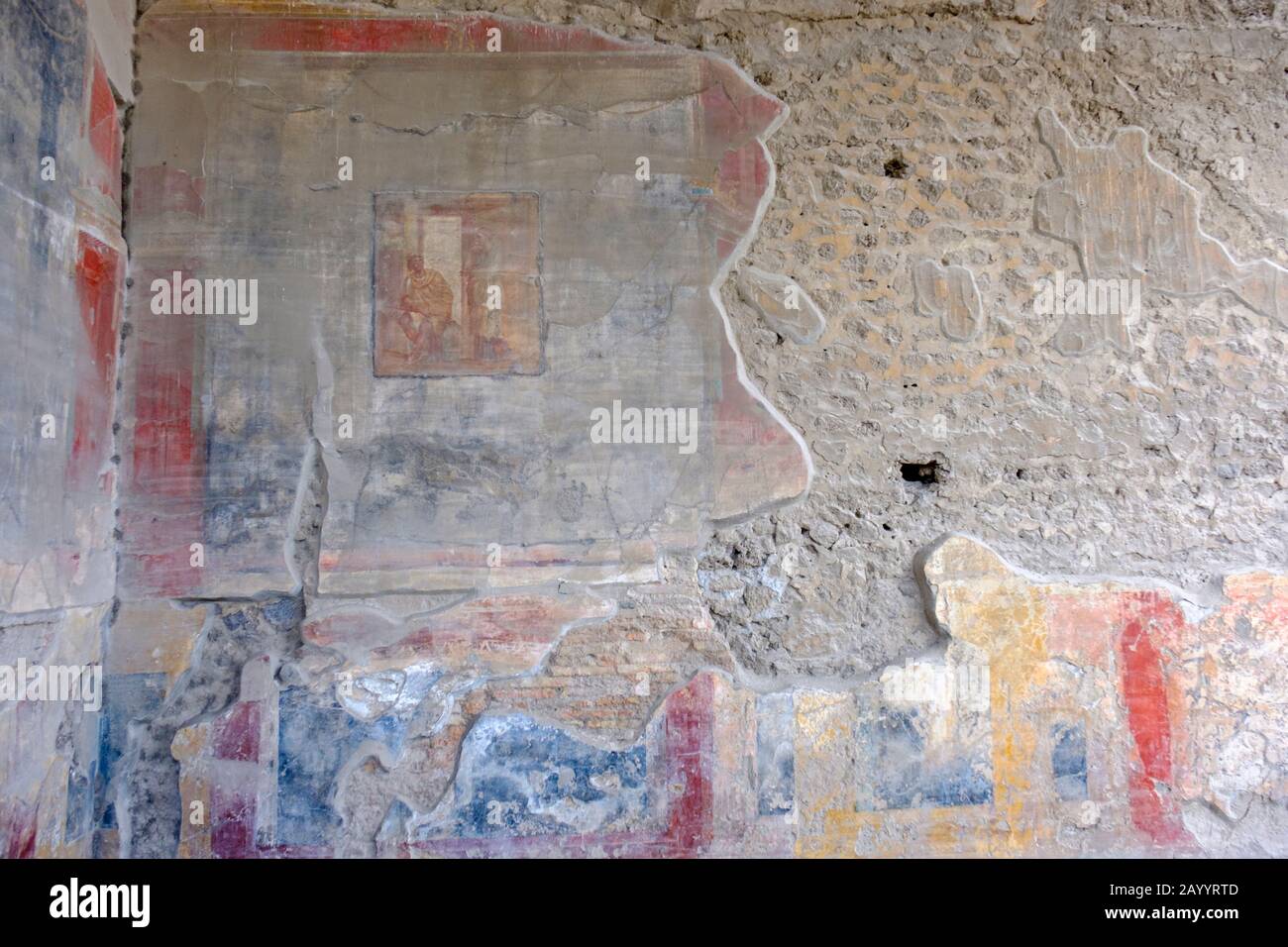 Affreschi di Pompei, affreschi romani di Pompei Macellum, angolo nord-ovest della parete ovest, pittura murale di Ulisse e Penelope, Pompei, Italia Foto Stock