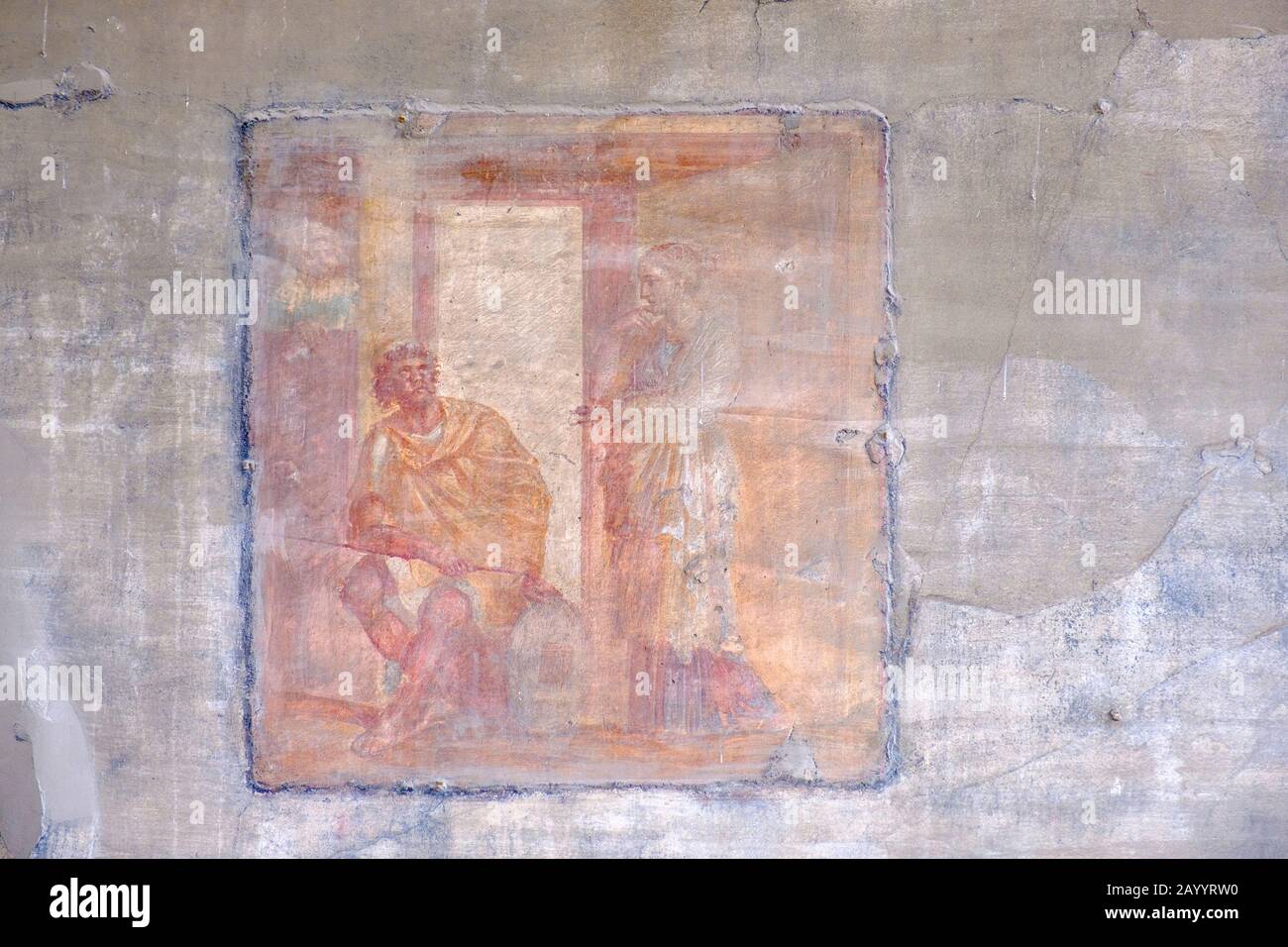 Affreschi di Pompei, affreschi romani di Pompei Macellum, angolo nord-ovest della parete ovest, pittura murale di Ulisse e Penelope, Pompei, Italia Foto Stock