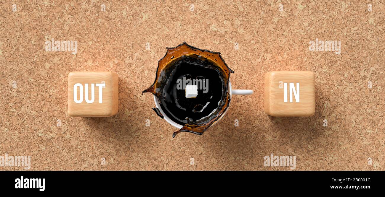 Tazza di caffè e cubetti con le parole FUORI e DENTRO su sfondo di sughero - 3D illustrazione resa Foto Stock