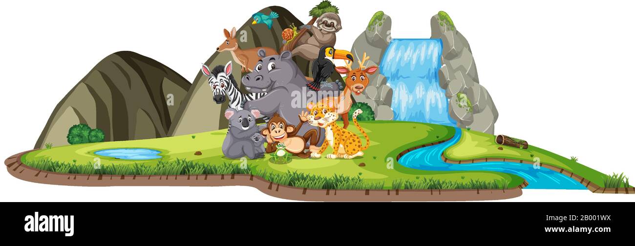 Scena con molti animali selvatici dalla cascata illustrazione Illustrazione Vettoriale