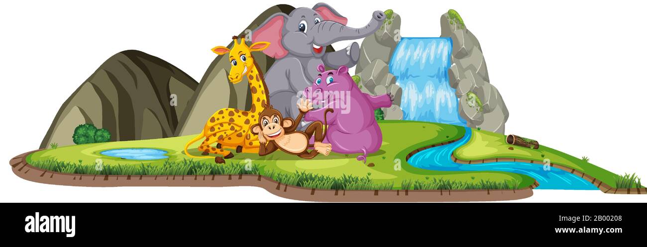 Scena con animali carini accanto alla cascata illustrazione Illustrazione Vettoriale