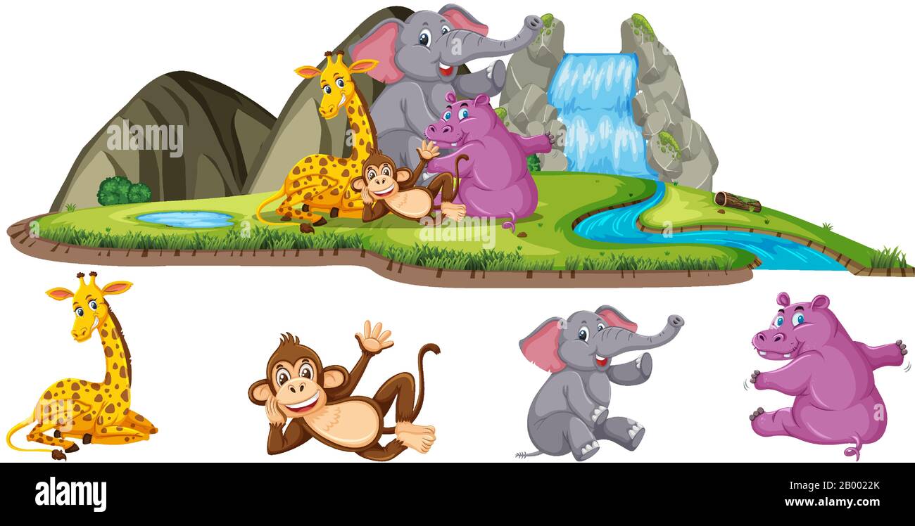 Scena con quattro tipi di animali dalla cascata illustrazione Illustrazione Vettoriale