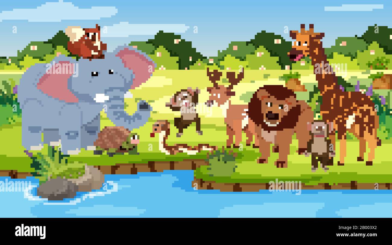 Scena con molti animali in piedi dal fiume illustrazione Illustrazione Vettoriale