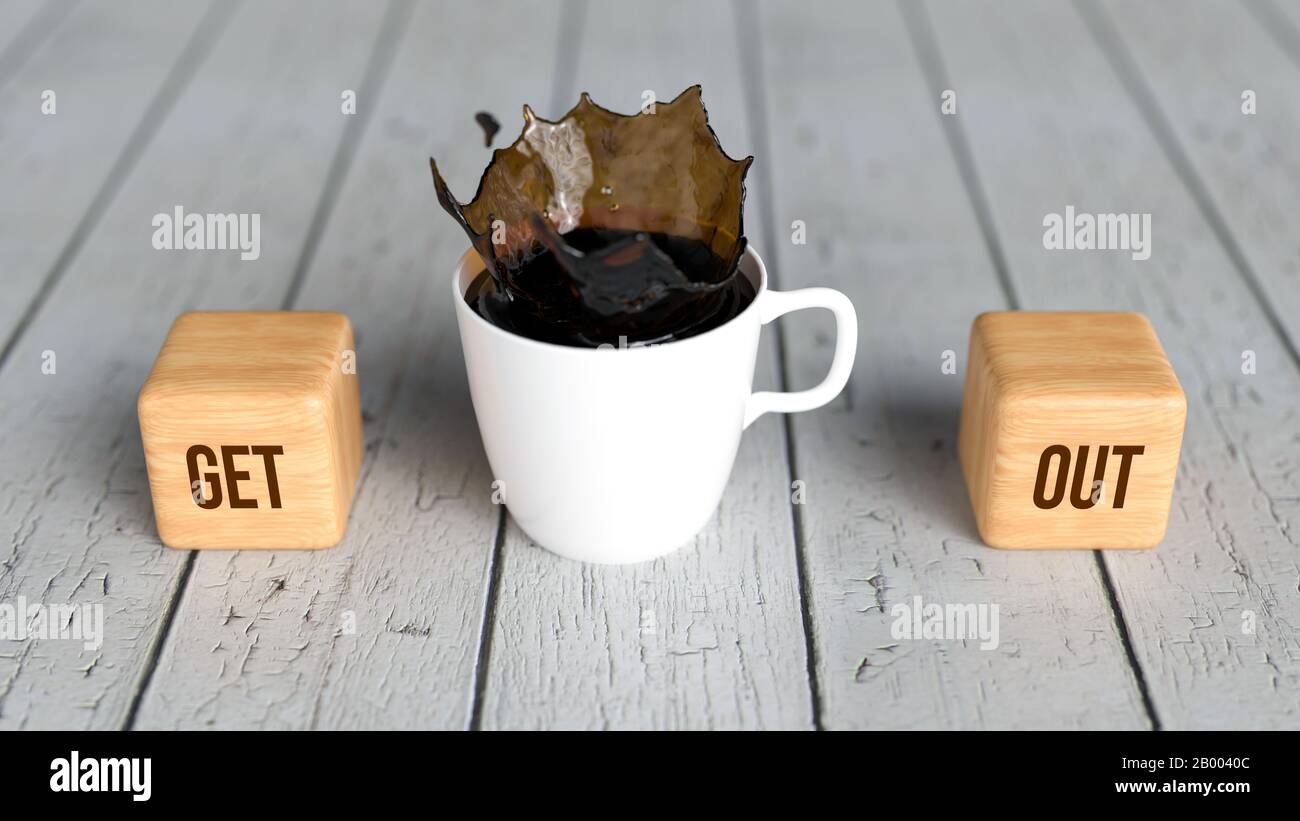 Tazza di caffè e cubi con testo USCIRE su sfondo di legno - 3D rappresentazione Foto Stock
