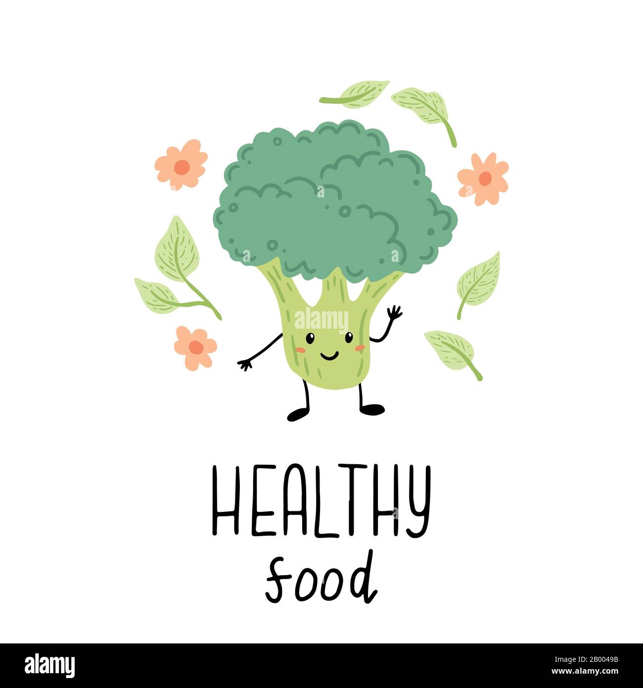 Broccoli personaggio divertente cartone animato. Illustrazione del vettore isolata. Concetto di cibo sano, vegetariano. Broccoli hanno astratto, cartone animato, stile disegnato a mano. Illustrazione Vettoriale