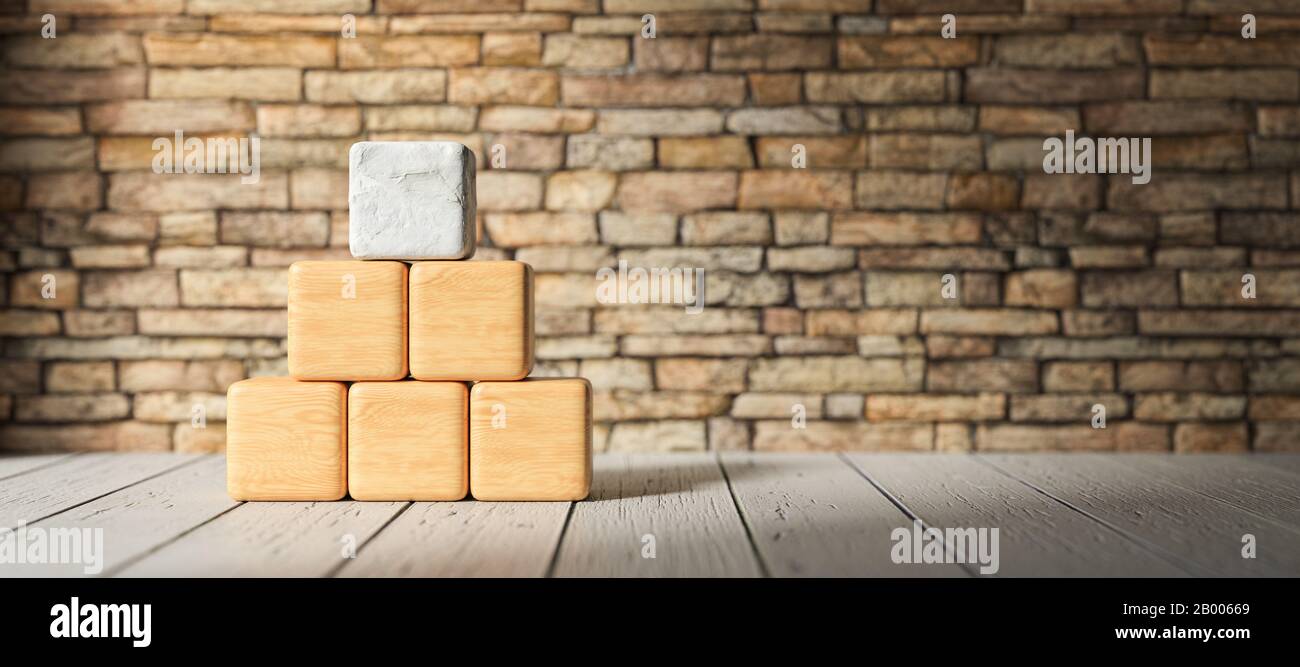 Blocchi di legno vuoti per il proprio testo formato come una piramide su pavimento di legno - 3D illustrazione resa Foto Stock