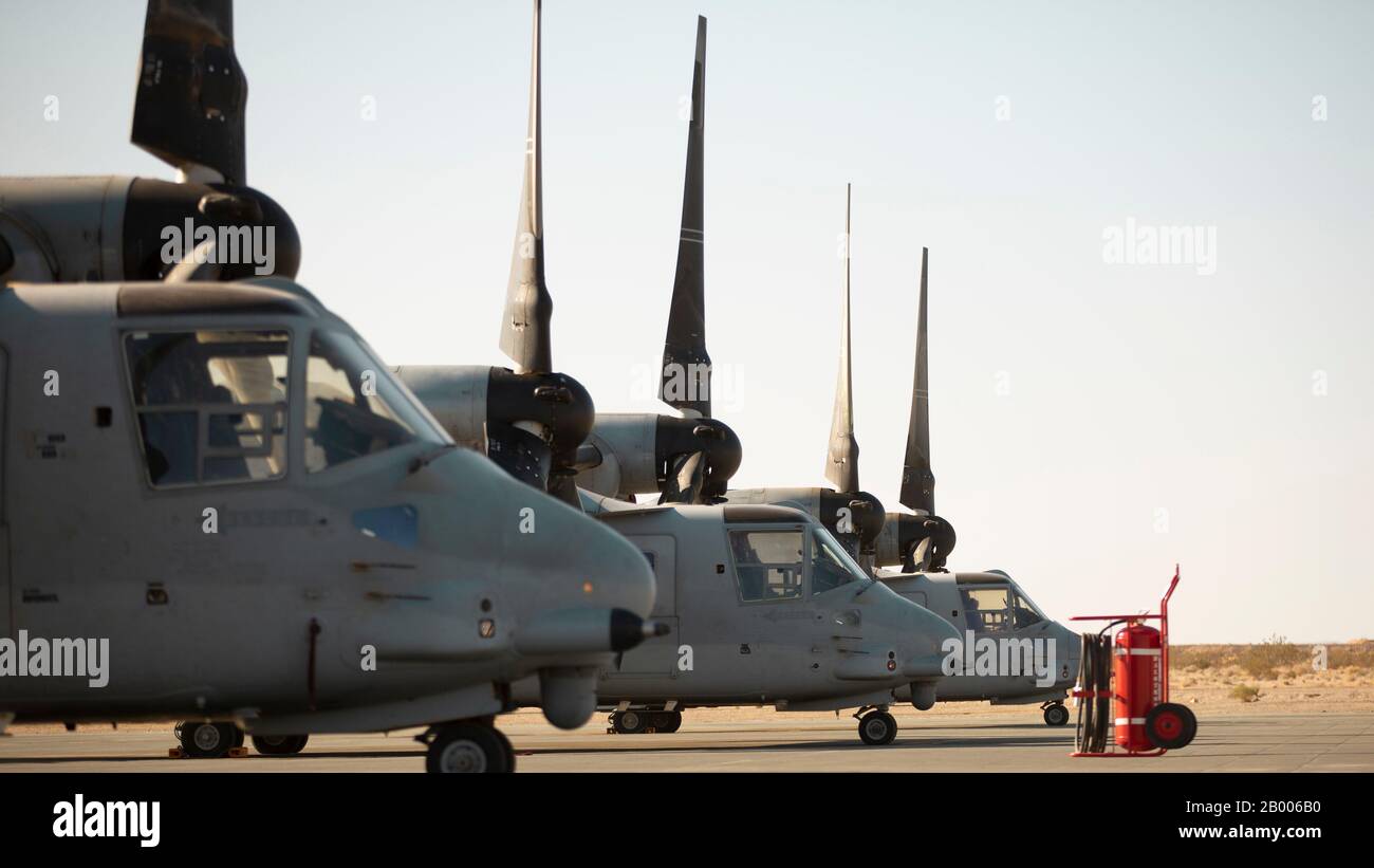 200215-M-AV279-1001 CAMP WILSON, CORPO MARINO BASE 29 PALME, CA (FEB 15, 2020) - U.S. Marine Corps MV-22 Ospreys with Marine Medium Tilt Rotor Squadron-166, Special Purpose Marine Air-Ground Task Force – Crisis Response – Central Command 20.2, vengono allestiti per la manutenzione degli aeromobili prima Dell'Esercizio di certificazione. CETEX è l'esercizio di valutazione finale per l'unità di spedizione marina 13th, che funge da elemento di comando, SPMAGTF-CR-CC 20.2, per garantire la disponibilità dell'unità a rispondere a un'ampia gamma di scenari di crisi. Marines di VMM-116, servirà come parte dell'elemento di combattimento aereo per SPMA Foto Stock