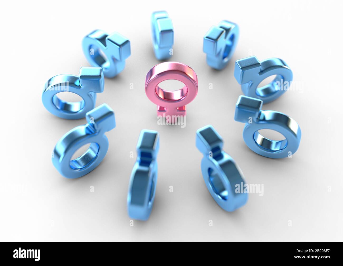 Un simbolo femminile rosa metallico circondato da simboli maschili e attrattivo che puntano tutti verso di esso su uno sfondo bianco studio - rendering 3D Foto Stock
