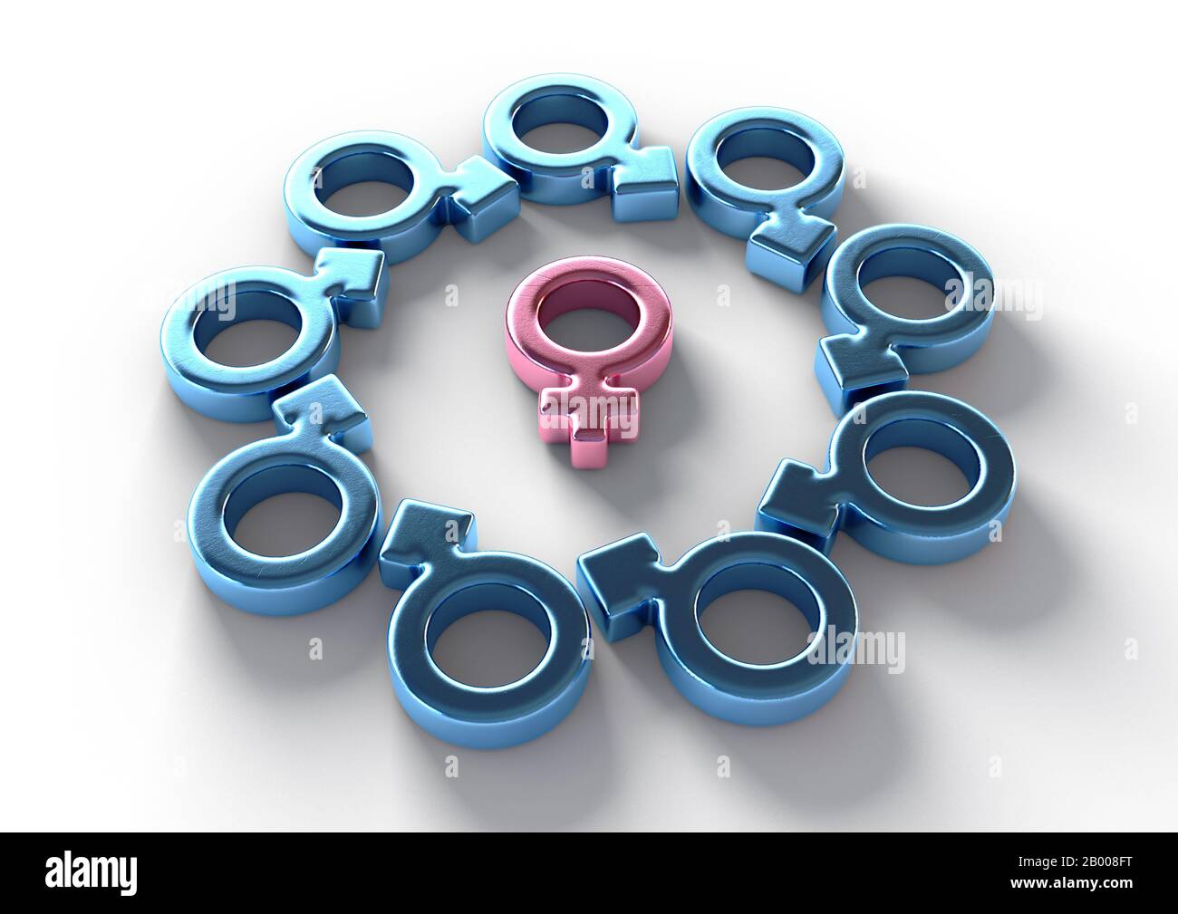 Un simbolo femminile rosa metallico circondato da simboli maschili e attrattivo che puntano tutti verso di esso su uno sfondo bianco studio - rendering 3D Foto Stock