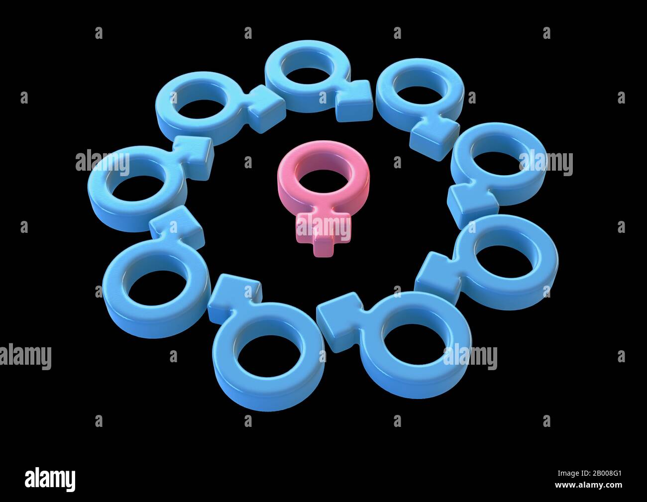 Un simbolo femminile rosa circondato da simboli maschili e attraggono tutti i punti verso di esso su uno sfondo scuro studio - rendering 3D Foto Stock