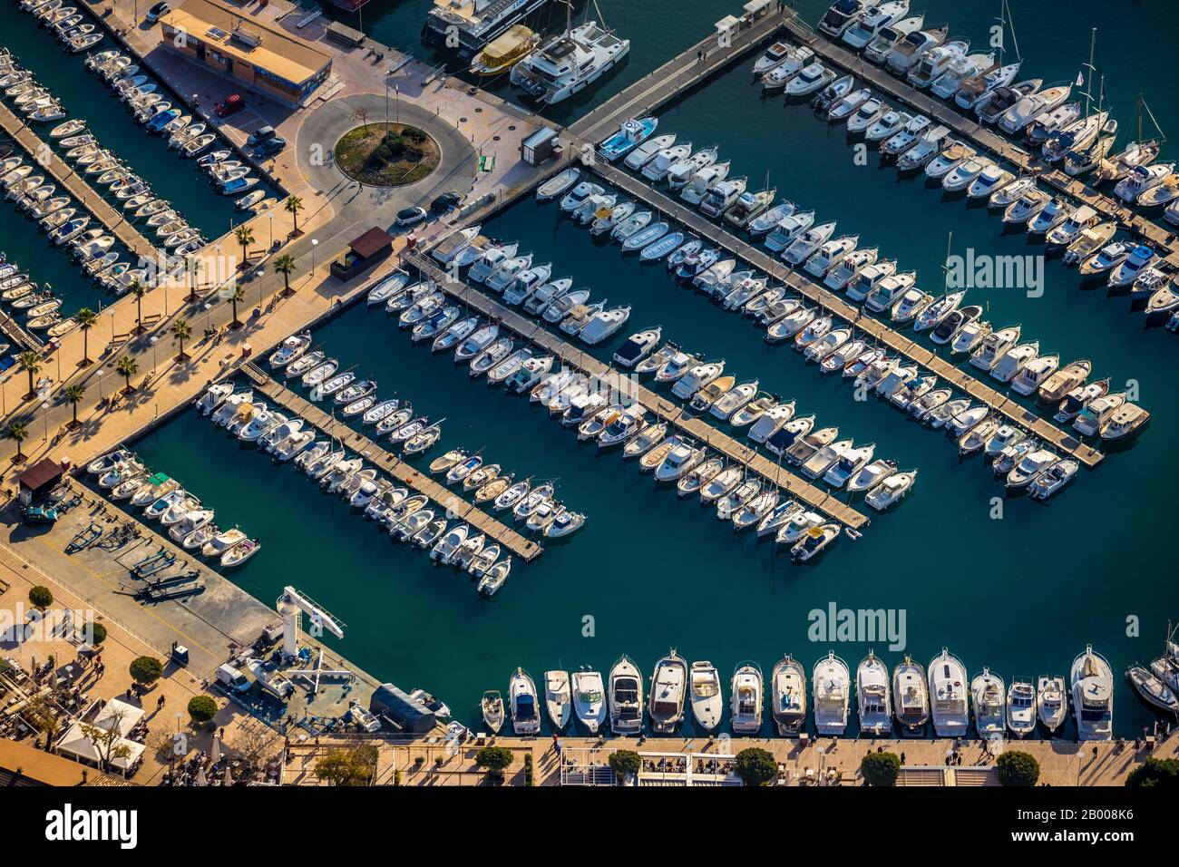 Vista aerea, Port de Sóller, Porto di Sóller, sollermar, ormeggio barca, Sóller, Europa, Isole Baleari, Spagna, barche, gite in barca, noleggio barca, ES, Esp Foto Stock