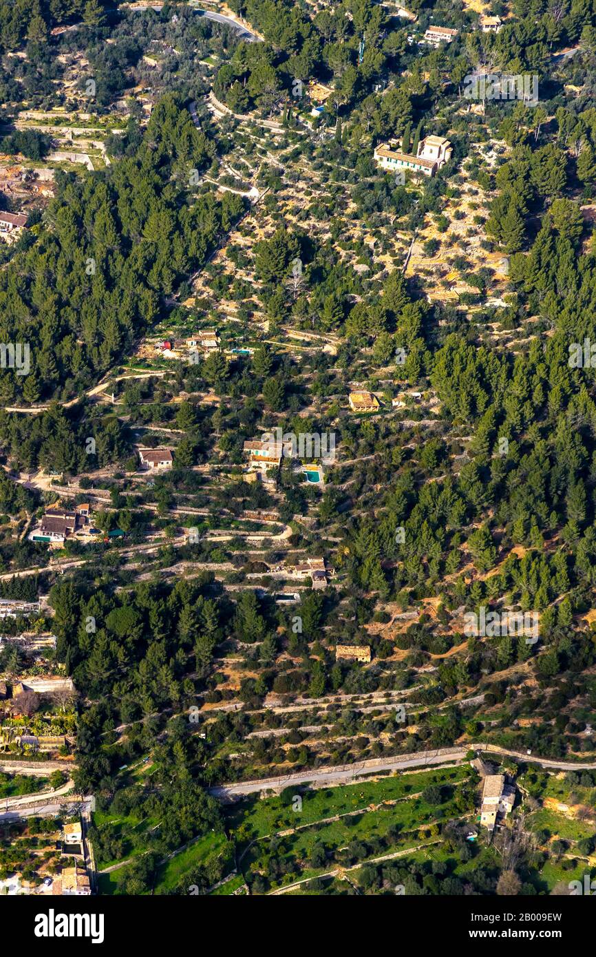 Veduta aerea, Finca in montagna, l'Horta, Sóller, Europa, Isole Baleari, Spagna, Diseminado Sector Num 4, ES, Espana, Casa Vacanze, Finca, Leisu Foto Stock