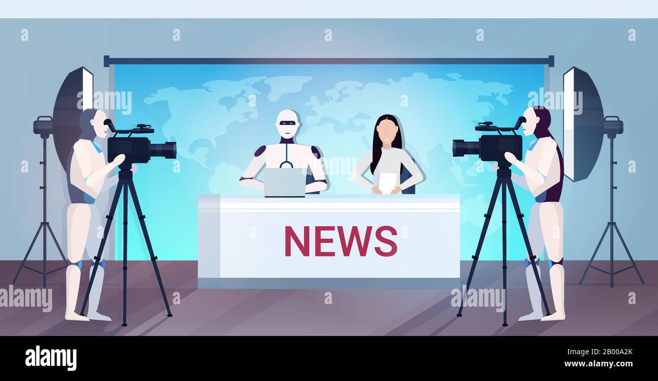 cameramen robotico che registra robot e donne presentatori tv seduti al tavolo in studio di notizie tecnologia di intelligenza artificiale dal vivo notizie concetto mondo mappa sfondo orizzontale vettore illustrazione Illustrazione Vettoriale