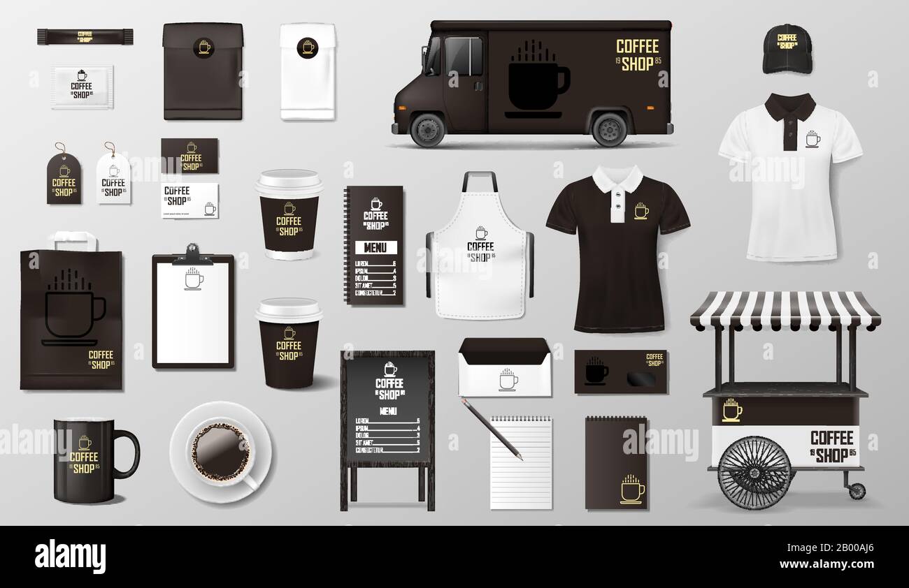 Set di branding per caffetteria, caffetteria. Progettazione di modelli di identità aziendale Coffee. Set realistico di furgone, pacco di carta, camion di consegna degli alimenti, tazza, confezione Illustrazione Vettoriale