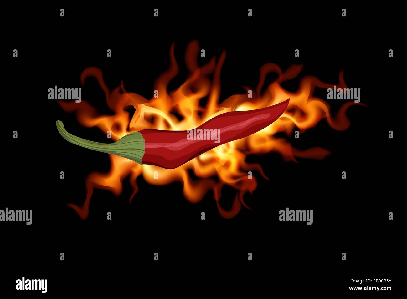 Peperoncino rosso caldo al fuoco su sfondo nero. Illustrazione del vettore. Freschezza vegetale Illustrazione Vettoriale