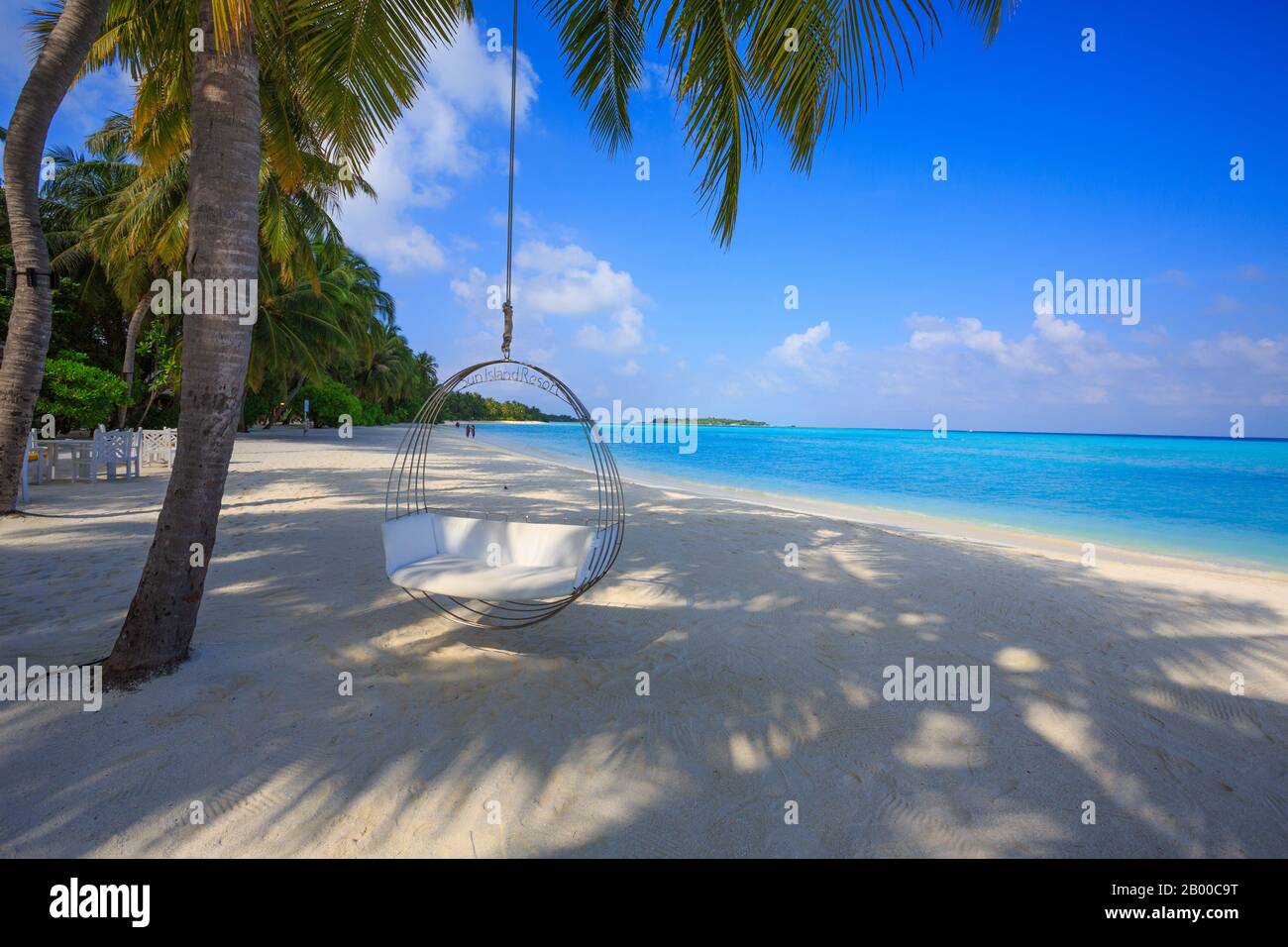 Una bella oscillazione che pende da un albero di cocco nella spiaggia di un resort (Isola del Sole, Maldive) Foto Stock