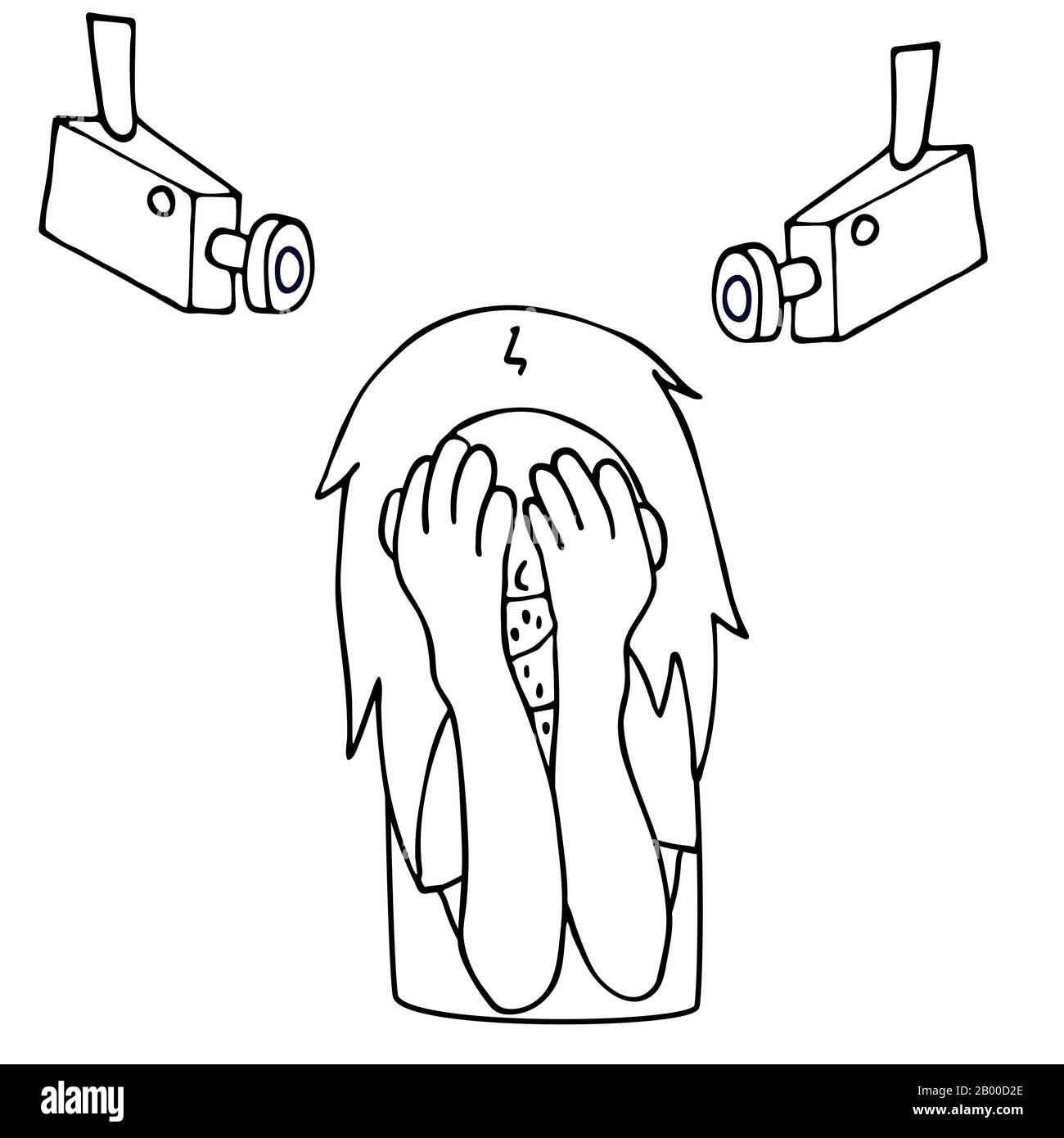 donna nasconde il suo viso con le mani da telecamere di sorveglianza. cctv. sfondo bianco isolato contorno immagine vettore stock Illustrazione Vettoriale