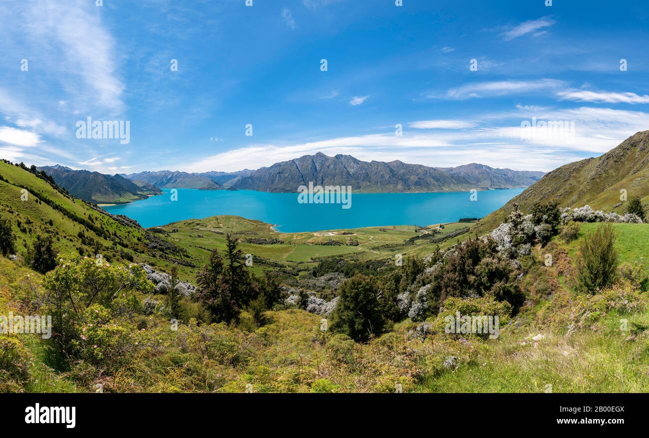 Lago Hawea e panorama di montagna, Istmo via picco, Otago, Isola del Sud, Nuova Zelanda Foto Stock