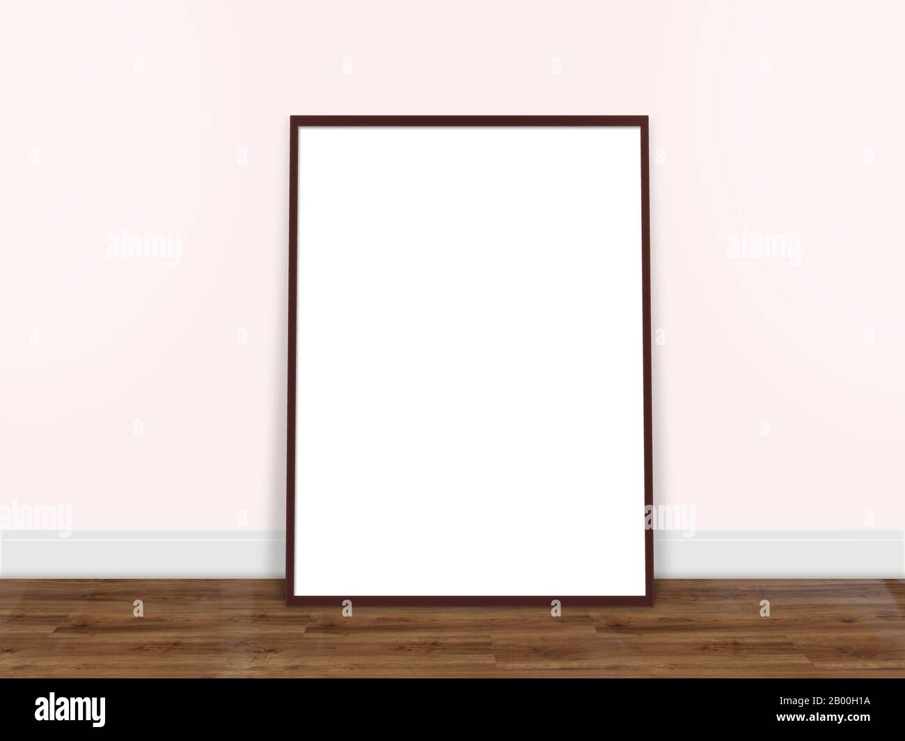 cornice fotografica bianca vuota in stile moderno su pareti color pastello rosa composizione e pavimento in legno con spazio per le copie Foto Stock