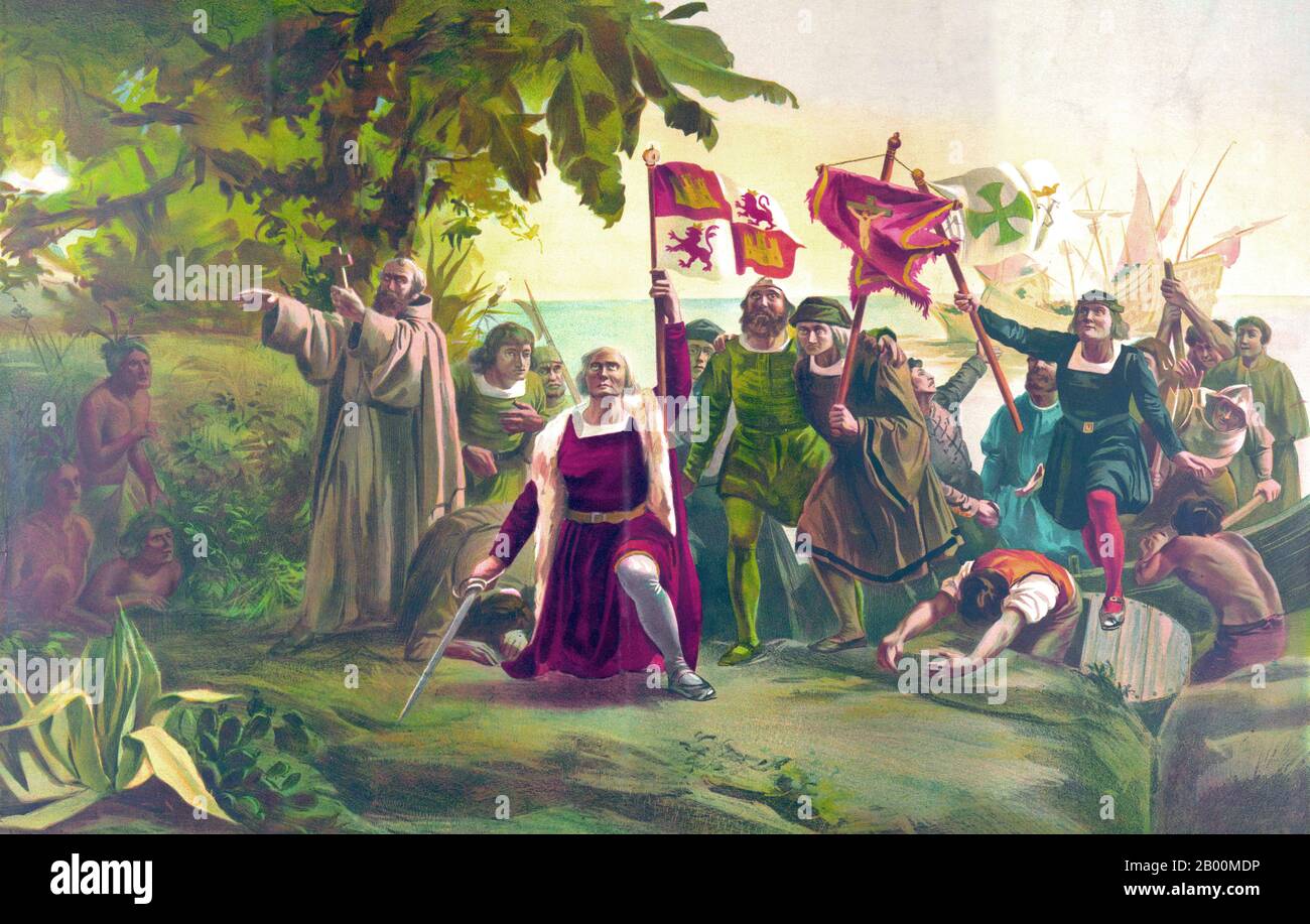 Italia: "Cristoforo Colombo (1451-1506) rivendica il "nuovo mondo" per la Spagna". Basato su un dipinto di Dioscoro Puebla (1831-1901), c. 1892. Cristoforo Colombo (c. 31 ottobre 1451 – 20 maggio 1506) è stato un navigatore, colonizzatore ed esploratore di Genova, Italia, i cui viaggi attraverso l'Oceano Atlantico hanno portato alla consapevolezza generale europea dei continenti americani nell'emisfero occidentale. Con i suoi quattro viaggi esplorativi e diversi tentativi di stabilire un insediamento sull'isola di Hispaniola, tutti finanziati da Isabella i di Castiglia, iniziò la colonizzazione spagnola del 'nuovo mondo'. Foto Stock