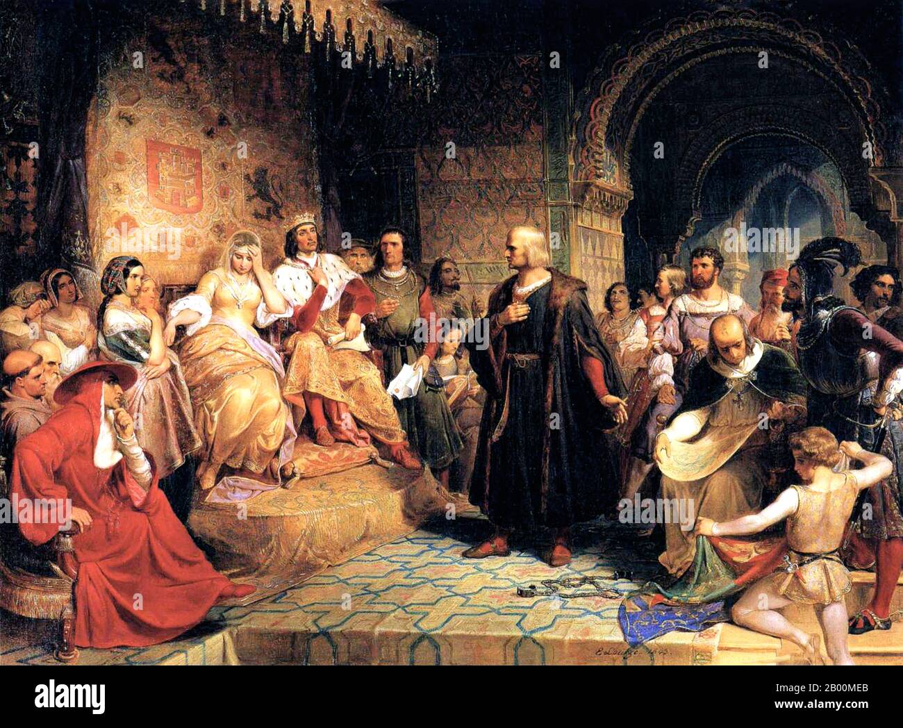 Italia: 'Cristoforo Colombo (1451-1506) in udienza con la Regina Isabella di Spagna'. Olio su tela dipinto di Emanuel Leutze (1816-1868), 1843. Cristoforo Colombo (c. 31 ottobre 1451-20 maggio 1506) è stato un navigatore, colonizzatore ed esploratore di Genova, Italia, i cui viaggi attraverso l'Oceano Atlantico hanno portato alla consapevolezza generale europea dei continenti americani nell'emisfero occidentale. Isabella i (22 aprile 1451-26 novembre 1504) è stata Regina di Castiglia e Spagna. Foto Stock