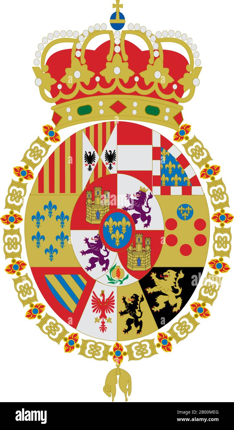 Stemma di Carlo III, Carlo IV, Ferdinando VII, Isabella II, Alfonso XII e Alfonso XIII di Spagna. Foto Stock
