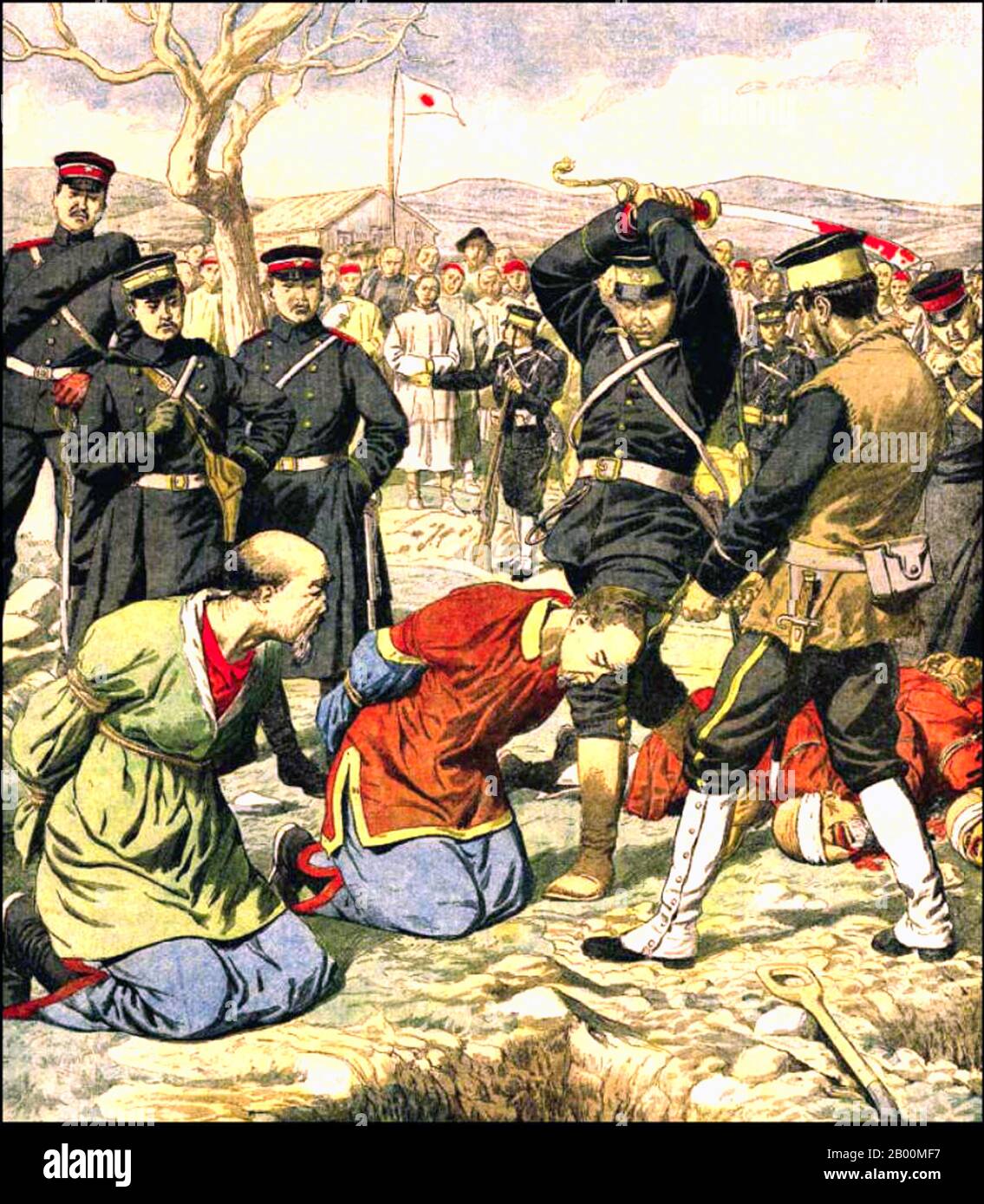 Cina: 'Soldati giapponesi che decapitano cittadini cinesi sospettati di simpatie russe vicino Mukden (Shenyang)'. Illustrazione di le Petit Journal, aprile 1905. La guerra russo-giapponese (8 febbraio 1904 – 5 settembre 1905) fu la prima grande guerra del XX secolo che si sviluppò dalle ambizioni imperiali rivali dell'Impero russo e giapponese sulla Manciuria e la Corea. Le campagne che ne sono scaturite, in cui l'esercito giapponese ha ottenuto la vittoria sulle forze russe, si sono lanciate contro di loro, sono state inaspettate dagli osservatori mondiali. Foto Stock