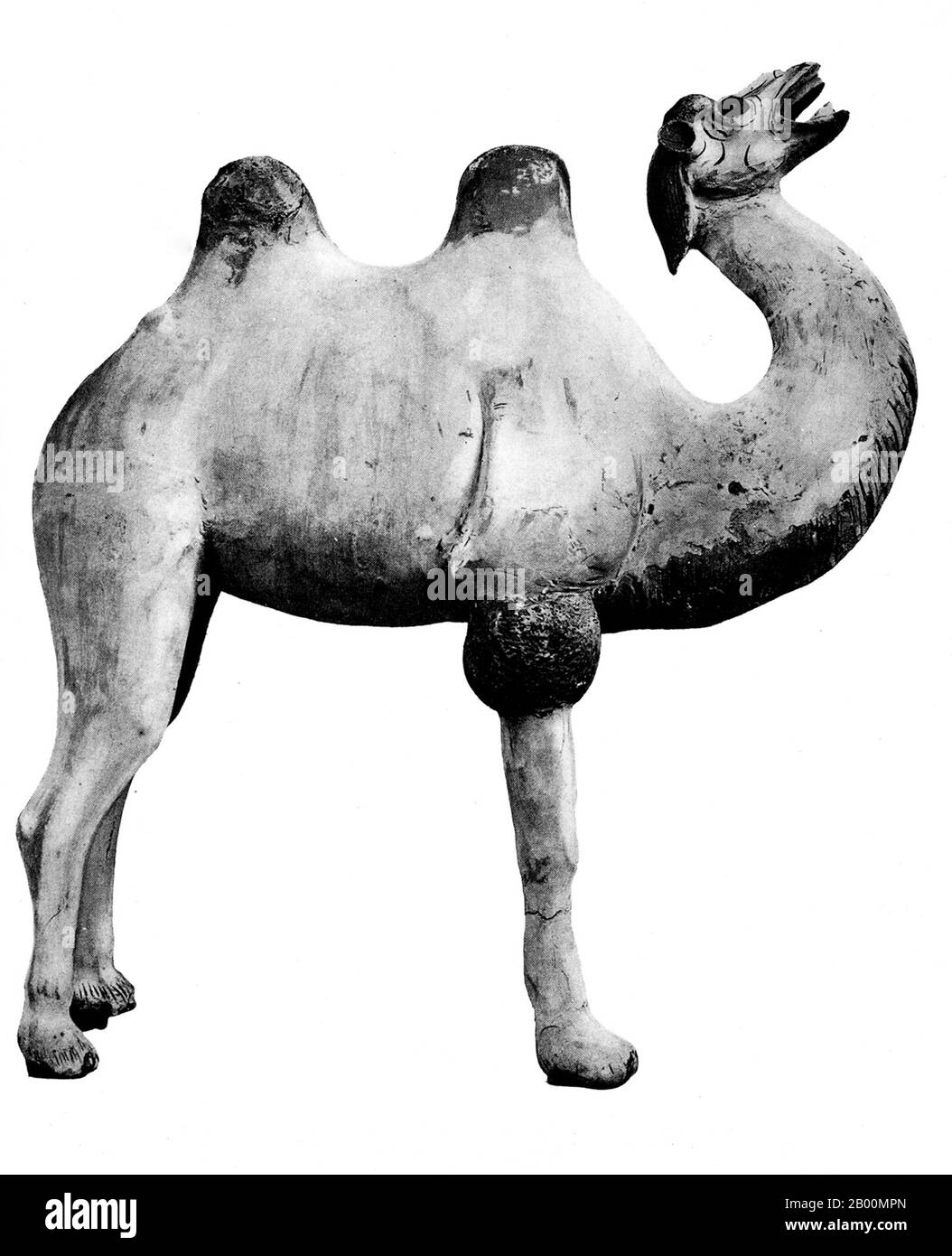 Cina: Modello di argilla di un cammello da Astana Cemetery, Turfan, Xinjiang. Le tombe di Astana sono una serie di tombe sotterranee situate a 6 km dall'antica città di Gaochang, e a 42 km da Turpan, a Xinjiang, Cina. Le tombe furono utilizzate dagli abitanti di Gaochang, sia comuni che locali, per circa 600 anni dal 200 al 800 d.C. Il complesso si estende su 10 chilometri quadrati e contiene oltre 1,000 tombe. I diversi lotti per le ruote separate e le famiglie sono contrassegnati da divisori per ghiaia. A causa dell'ambiente arido, molte importanti opere sono state ben conservate presso le tombe, tra cui le mummie. Foto Stock