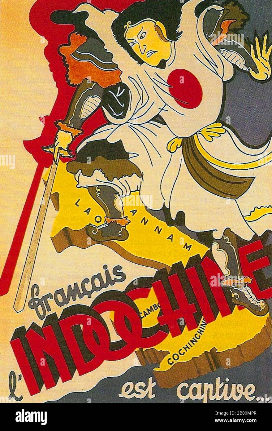 Indocina: Manifesto francese di propaganda anti-giapponese, c. 1944. L'invasione giapponese dell'Indochina francese, nota anche come spedizione del Vietnam, fu una mossa dell'Impero giapponese nel settembre 1940, durante la seconda guerra sino-giapponese, per impedire alla Cina di importare armi e combustibile attraverso l'Indochina francese, Via la ferrovia sino-vietnamita dal porto di Haiphong attraverso Hanoi a Kunming in Yunnan. Il Giappone occupò l'Indochina settentrionale, che rafforzò il blocco della Cina, e rese superflua la continuazione della battaglia di Guangxi meridionale. Foto Stock