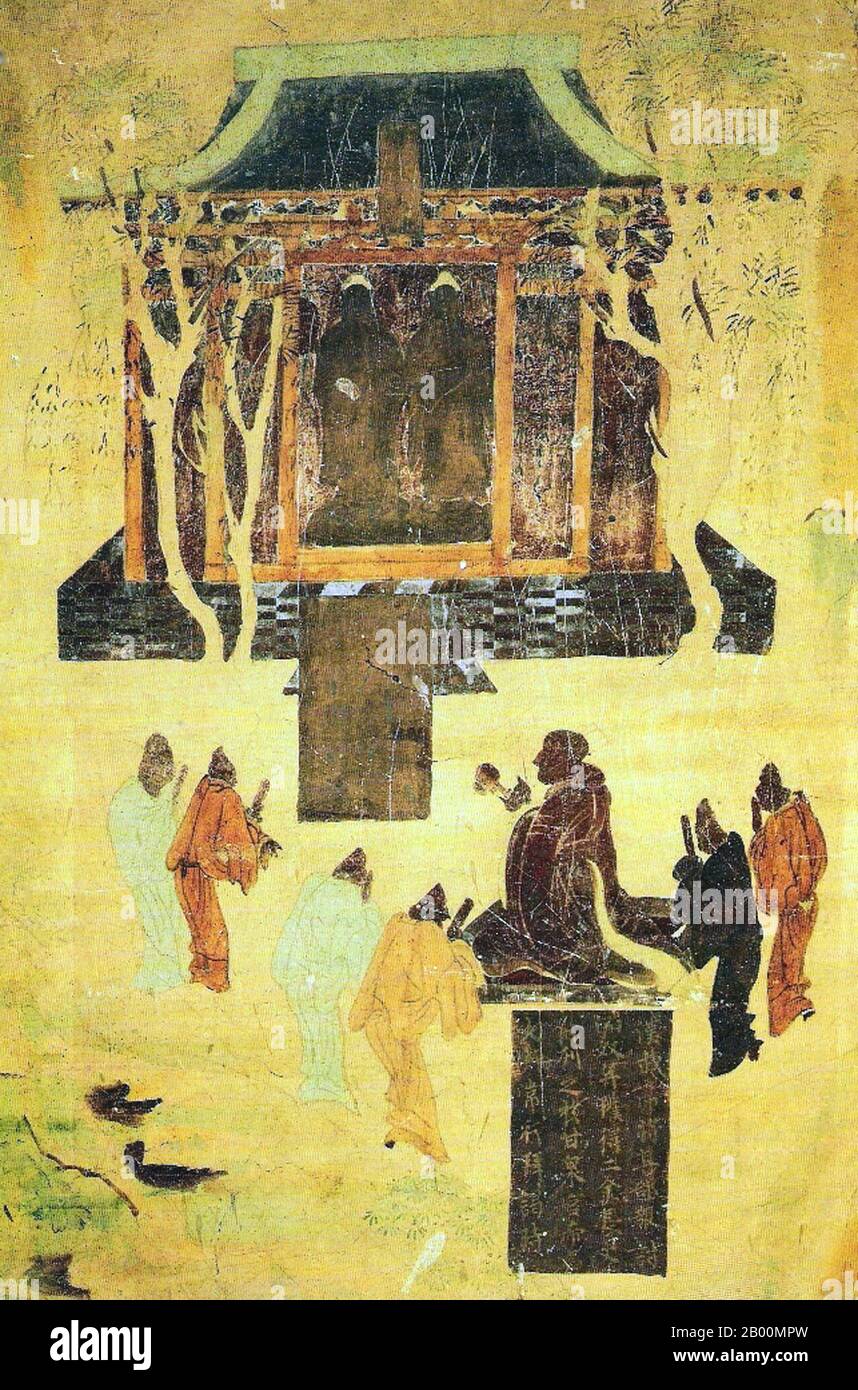 Cina: Dettaglio di un affresco che mostra l'imperatore Han Wudi (156 – 87 a.C.) adorando due statue del Buddha, c.. 700 CE, Grotte di Mogao, Gansu. Le Grotte di Mogao o le Grotte di Mogao (cinese: mò gāo kū), anche note come le Grotte dei Mille Buddha e le Grotte di Dunhuang, formano un sistema di 492 templi 25 km (15.5 miglia) a sud-est del centro di Dunhuang, un'oasi strategicamente situata in un crocevia religioso e culturale sulla Via della Seta, nella provincia di Gansu, in Cina. Foto Stock
