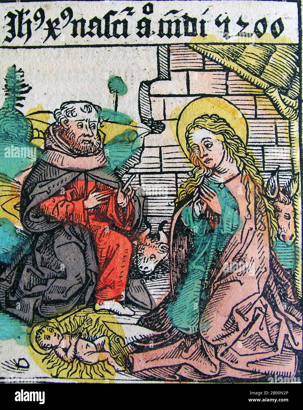 Germania: 'La nascita di Gesù'. La cronaca di Norimberga, di Hartmann Schedel (1440-1514), 1493. La Cronaca di Norimberga è una storia del mondo illustrata. La sua struttura segue la storia della storia umana come related nella Bibbia; include le storie di un certo numero di città occidentali importanti. Scritto in latino da Hartmann Schedel, con una versione in tedesco di Georg Alt, è apparso nel 1493. Si tratta di uno dei libri stampati in anticipo meglio documentati. È classificato come un incunabolo, un libro, un opuscolo, o un'ampia diffusione che è stato stampato (non scritto a mano) prima dell'anno 1501 in Europa. Foto Stock