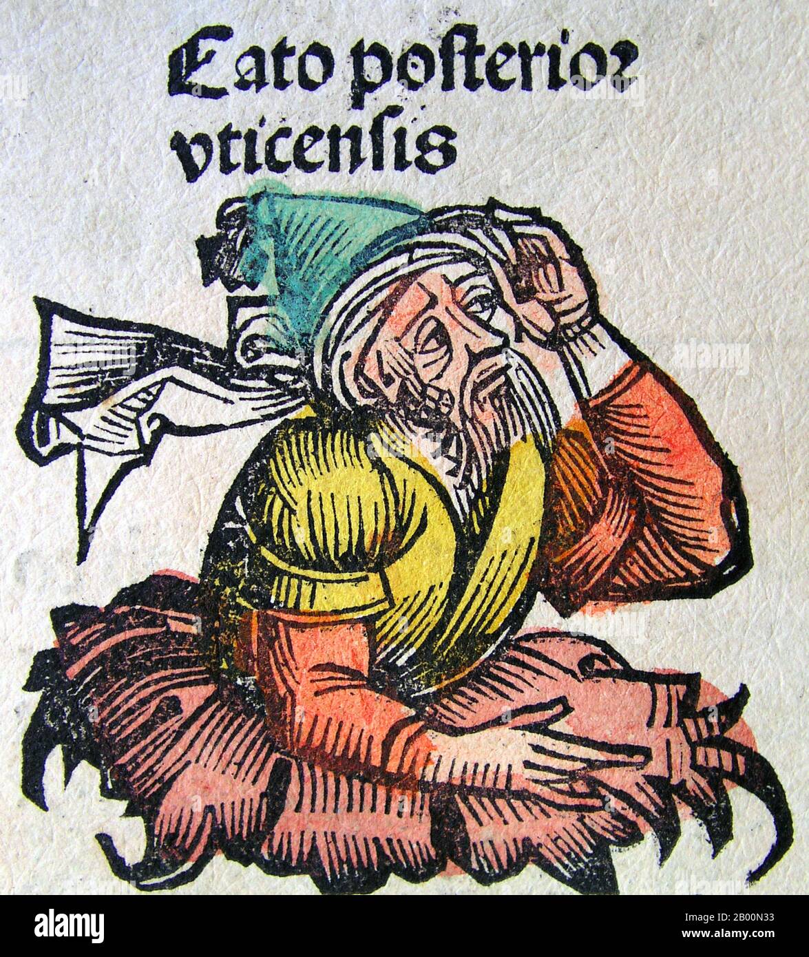 Germania: 'Cato il giovane'. La cronaca di Norimberga, di Hartmann Schedel (1440-1514), 1493. La Cronaca di Norimberga è una storia del mondo illustrata. La sua struttura segue la storia della storia umana come related nella Bibbia; include le storie di un certo numero di città occidentali importanti. Scritto in latino da Hartmann Schedel, con una versione in tedesco di Georg Alt, è apparso nel 1493. Si tratta di uno dei libri stampati in anticipo meglio documentati. È classificato come un incunabolo – cioè, un libro, un opuscolo, o un’ampia diffusione che è stato stampato (non scritto a mano) prima dell’anno 1501 in Europa. Foto Stock