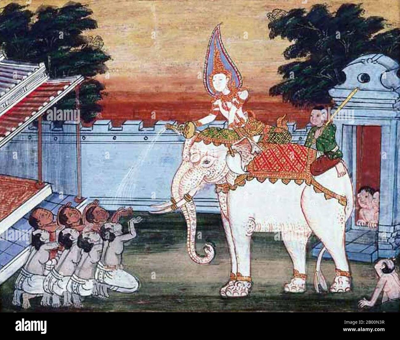Thailandia: Murale del 19 ° secolo di un elefante bianco. In Thailandia, gli elefanti bianchi (chang phueak) sono sacri e un simbolo del potere reale; tutti quelli scoperti sono presentati al re (di solito questo è cerimoniale - non sono presi in cattività) e più gli elefanti bianchi il re ha, più grande è la sua posizione. Il monarca precedente, il re Bhumibol Adulyadej, possedeva 10 - considerato un segno di grande successo e prestigio. Un elefante bianco in Thailandia non è necessariamente albino, anche se deve avere pelle pallida. Foto Stock
