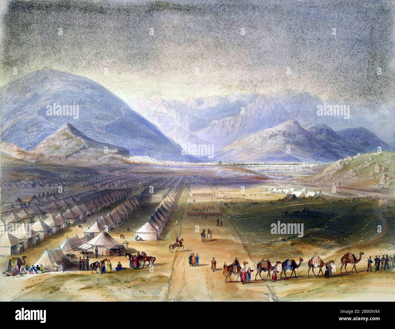 Afghanistan: Accampamento dell'esercito britannico di Kandahar prima di Kabul, prima guerra anglo-afghana (1839-1842). Piastra litografica 5 di Afghaunistan di James Rattray (1818-1854), c.. 1839-1842. La prima guerra anglo-afghana fu combattuta tra l'India britannica e l'Afghanistan dal 1839 al 1842. È stato uno dei primi grandi conflitti durante il Grande gioco, la competizione del XIX secolo per il potere e l'influenza in Asia centrale tra Regno Unito e Russia, e ha anche segnato una delle peggiori battute d'arresto inflitte al potere britannico nella regione dopo il consolidamento del Raj britannico. Foto Stock